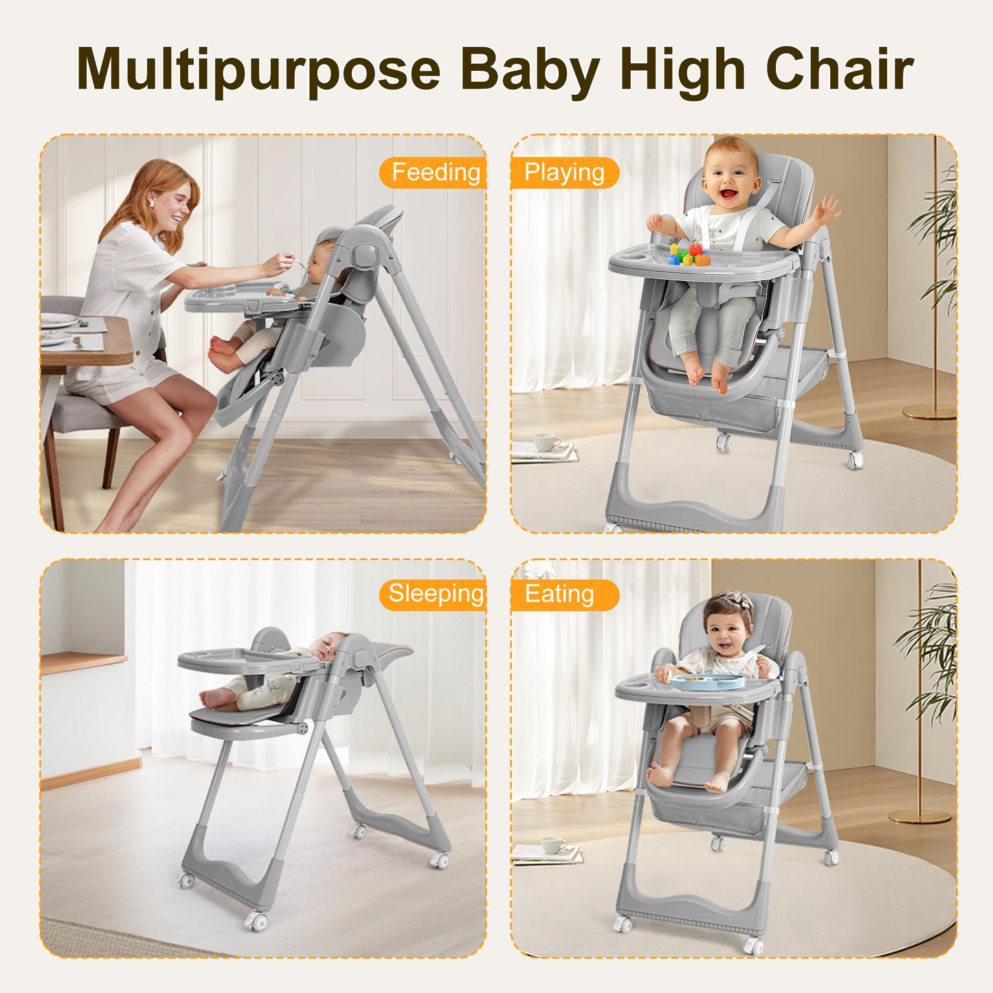 Minikid Foldable High Chair for Baby,3-in-1 Portable Feeding Chair,Baby Seat with Wheels,8-Gear Seat Adjustment,2 Removable Dining Trays,Gray