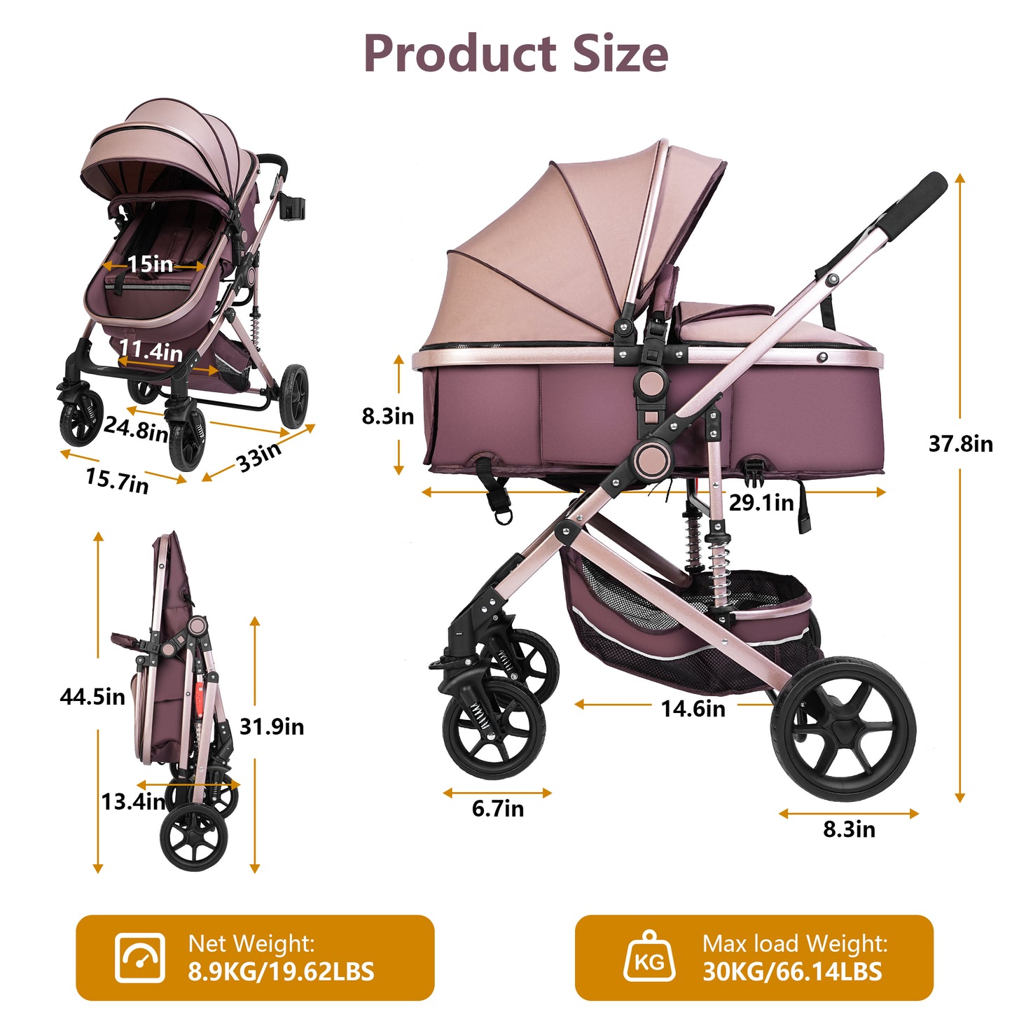 Minikid Convertible Baby Stroller,Foldable Coches Para Bebes,Travel Stroller with Adjustable Canopy,Removable Footmuff, Adjustable Backrest,Newborn Bassinet Pram for 0-36 Months Baby,Brown