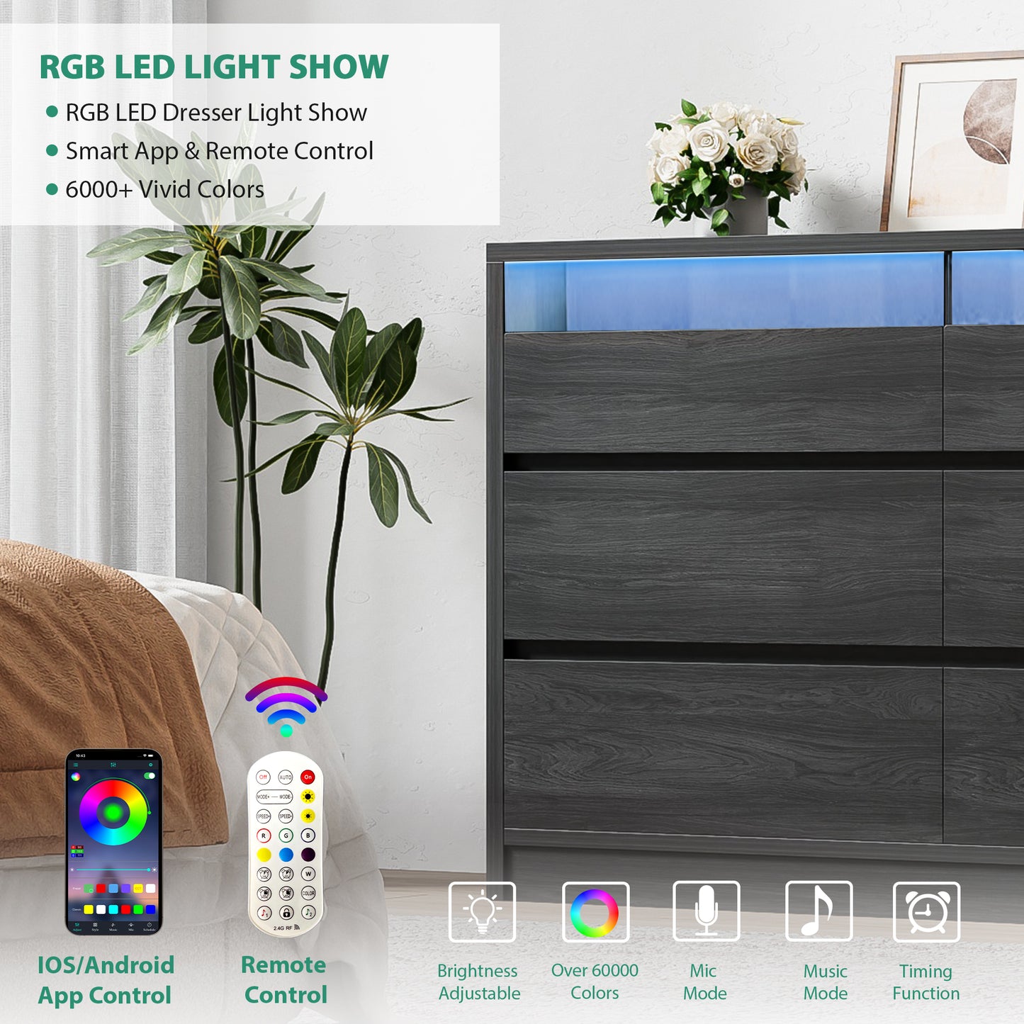 Anyact Modern 6 Drawer Double Dresser with LED Light, Black