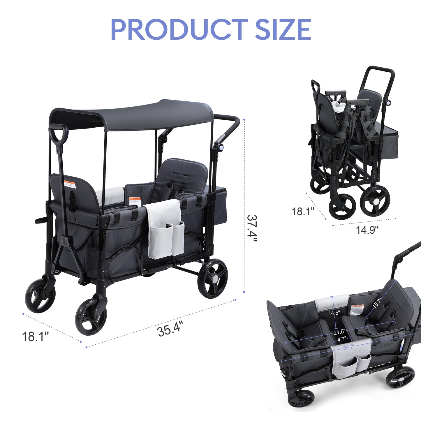 Minikid Stroller Wagon for 2 Kids, Baby Wagon Stroller with Adjustable Handle for Infants and Toddlers Includes Canopy & Organizer, Foldable and Convenient for Storage