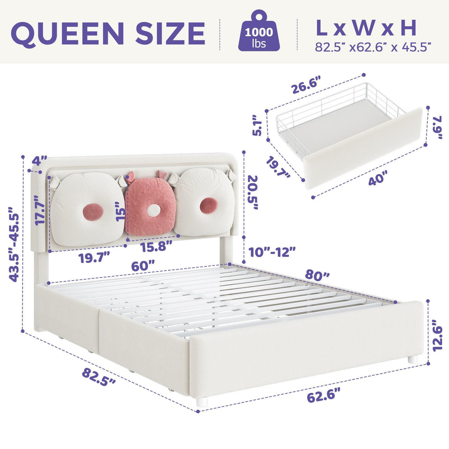 Anyact Queen Size Bed Frame with 2 Storage Drawers, Removable Pillow, LED Light Platform Bed with Teddy Velvet Headboard, Beige