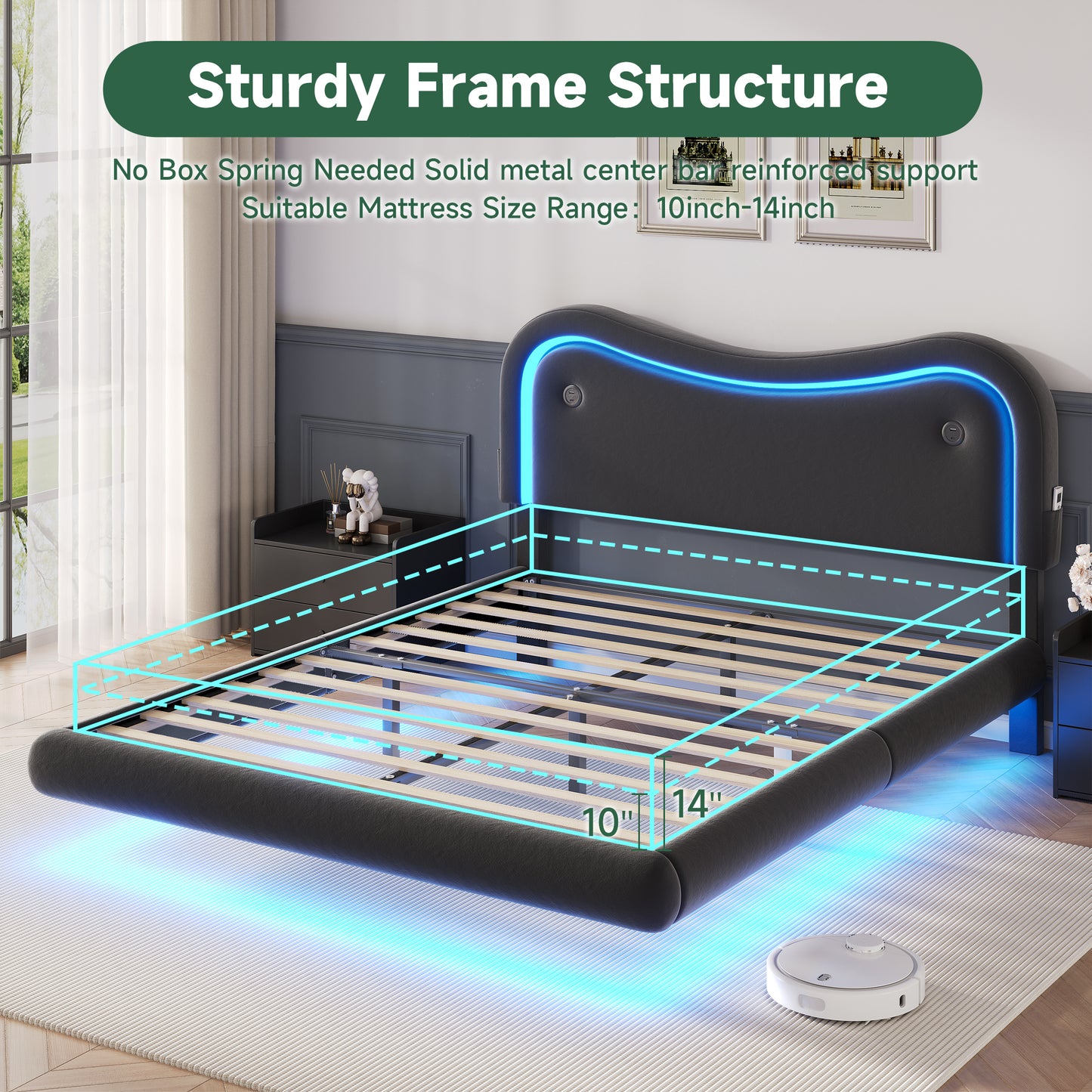 Anyact Full Size Floating Bed Frame with Led & Charging Station, Velvet Upholstered Bed Frame with Floating Metal Platform Bed, Black