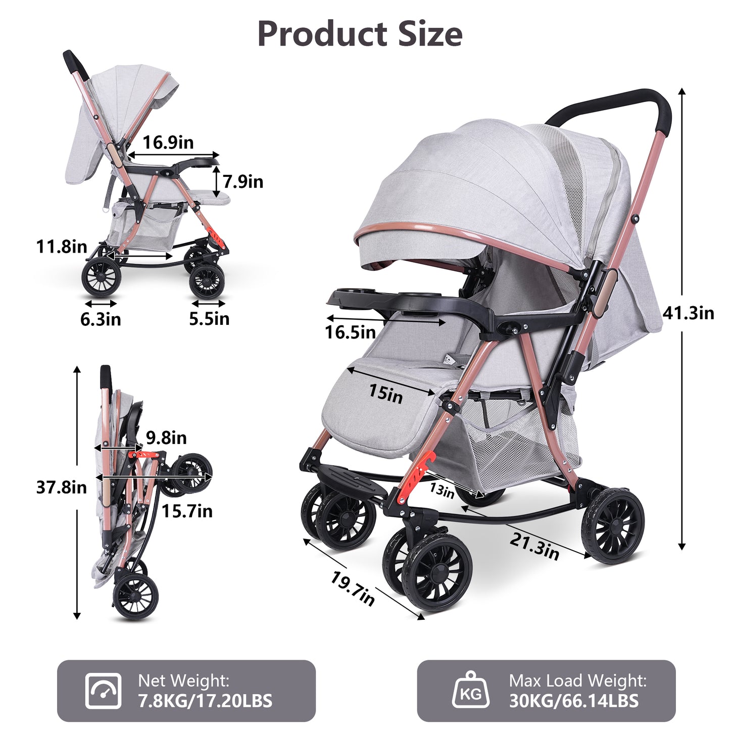 Minikid Foldable Baby Stroller,Infant Pram Stroller Convertible Into Rocking Chair, Bassinet Stroller for Toddler,Adjustable Canopy & Backrest,Oversize Basket,Two-Way Push,Gray