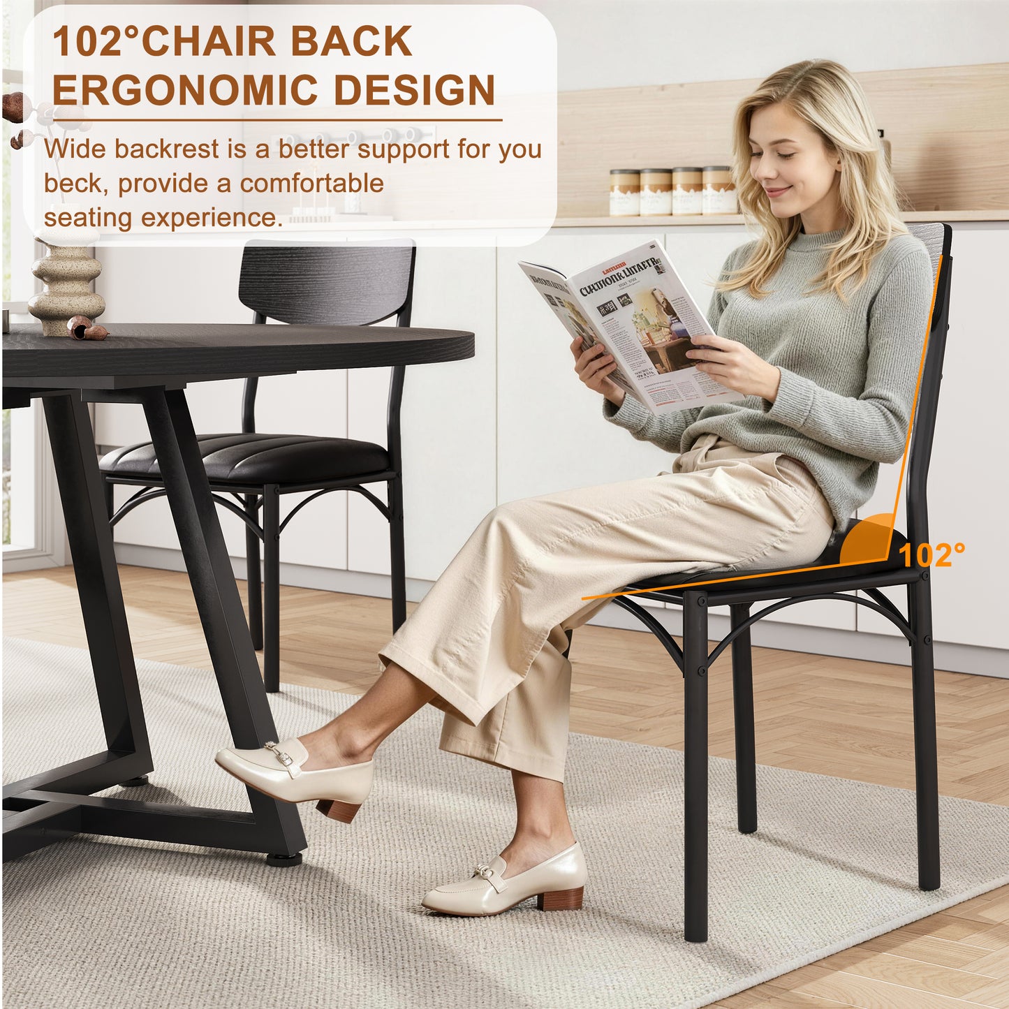 Hijob 18" Dining Chairs Set of 4, Mid-Century Modern Upholstered PU Dining Room Chair, Metal Legs for Kitchen Dining Chairs, Black