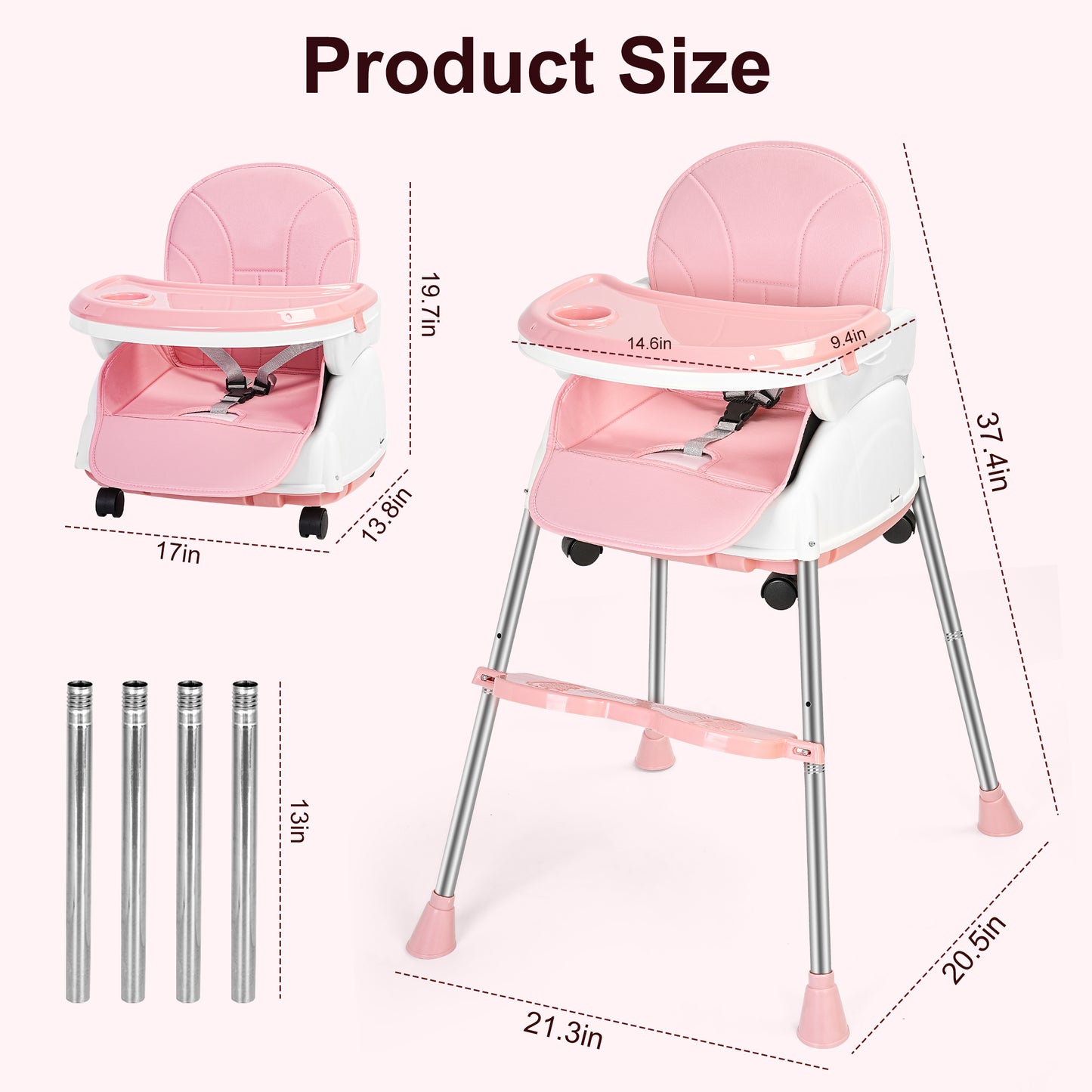 Minikid Baby High Chair,5-in-1 Convertible Highchair for Babies and Toddlers with 3-Point Seat Belt,Double-layer Dinner Plate,Baby Seat for Walk,Pink
