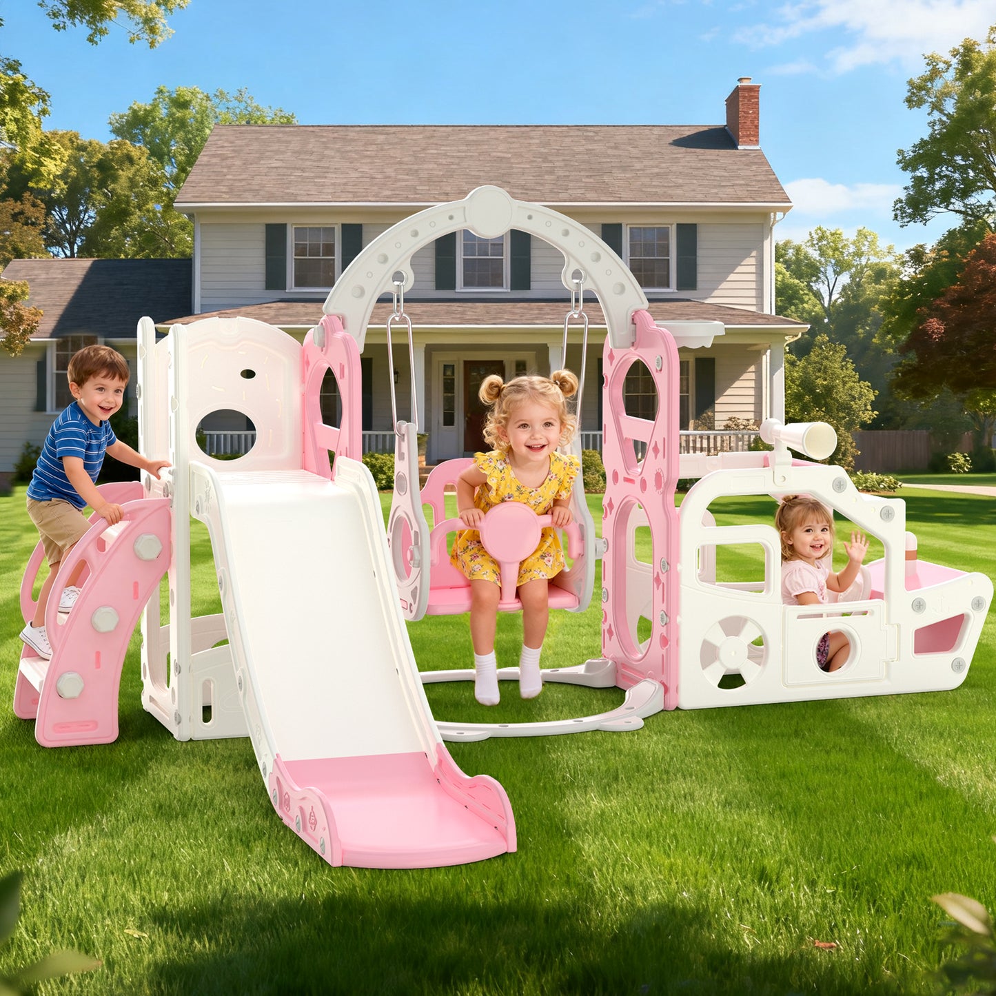 Vipuse 6 in 1 Kid Slide, Indoor and Outdoor Toddler Playground for Girls Age 1-3,Pink