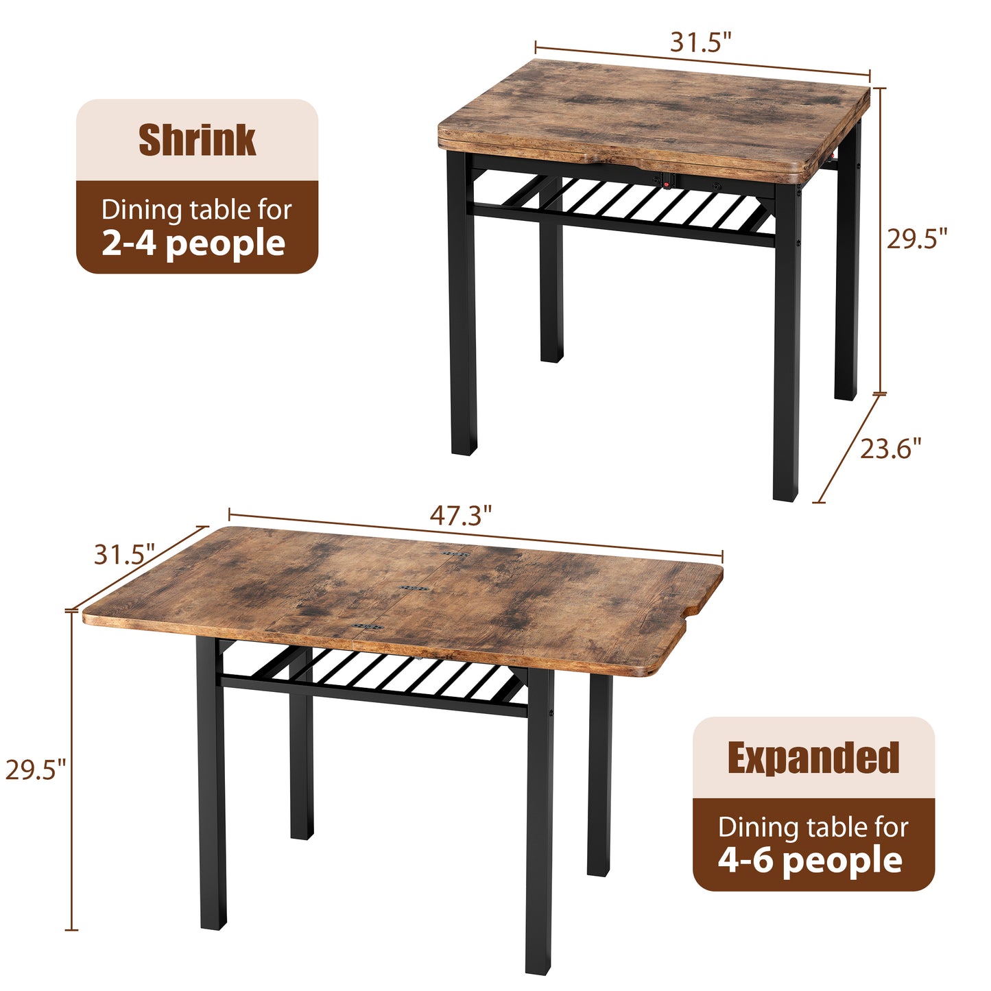 Anyact 47in Extendable Dining Table, Dining Table for 2-6, Kitchen Dining Room Table with Storage Shelf, Space Saving Expandable Wood Square Dinner Furniture(Only Table)