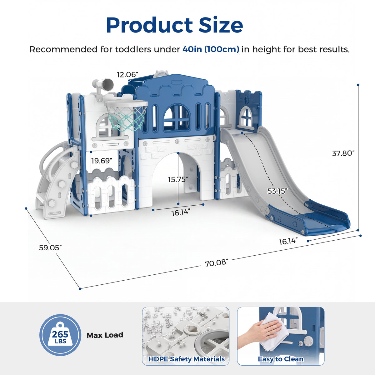 Vipuse 9 in 1 Toddler Slide Playset for Kids Indoor/Outdoor for Toddlers Age 1+, Blue & Gray