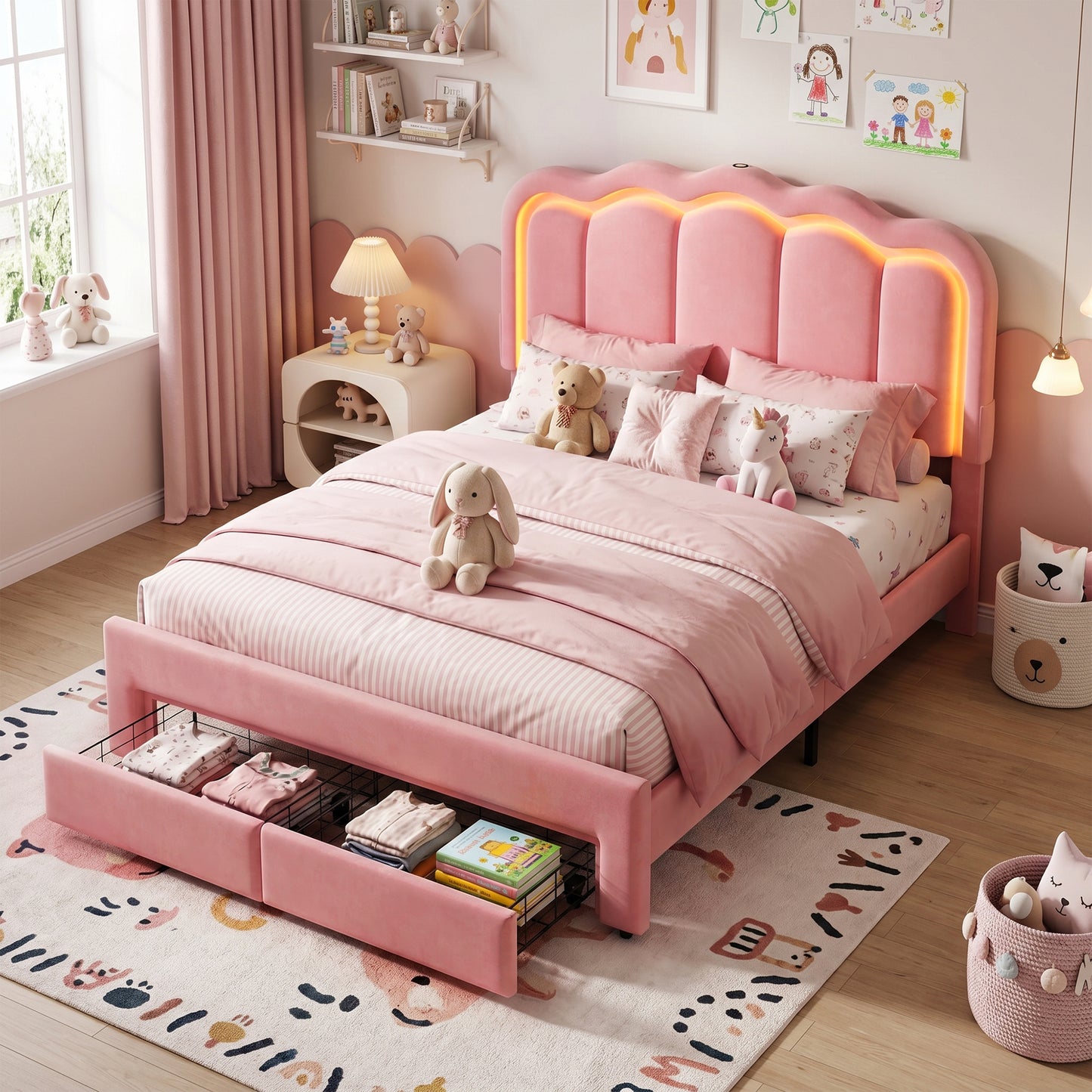 Hijob Full Size LED Bed Frame with Storage Drawers, Velvet Upholstered Platform Bed with Adjustable Headboard, No Box Spring Needed, Pink