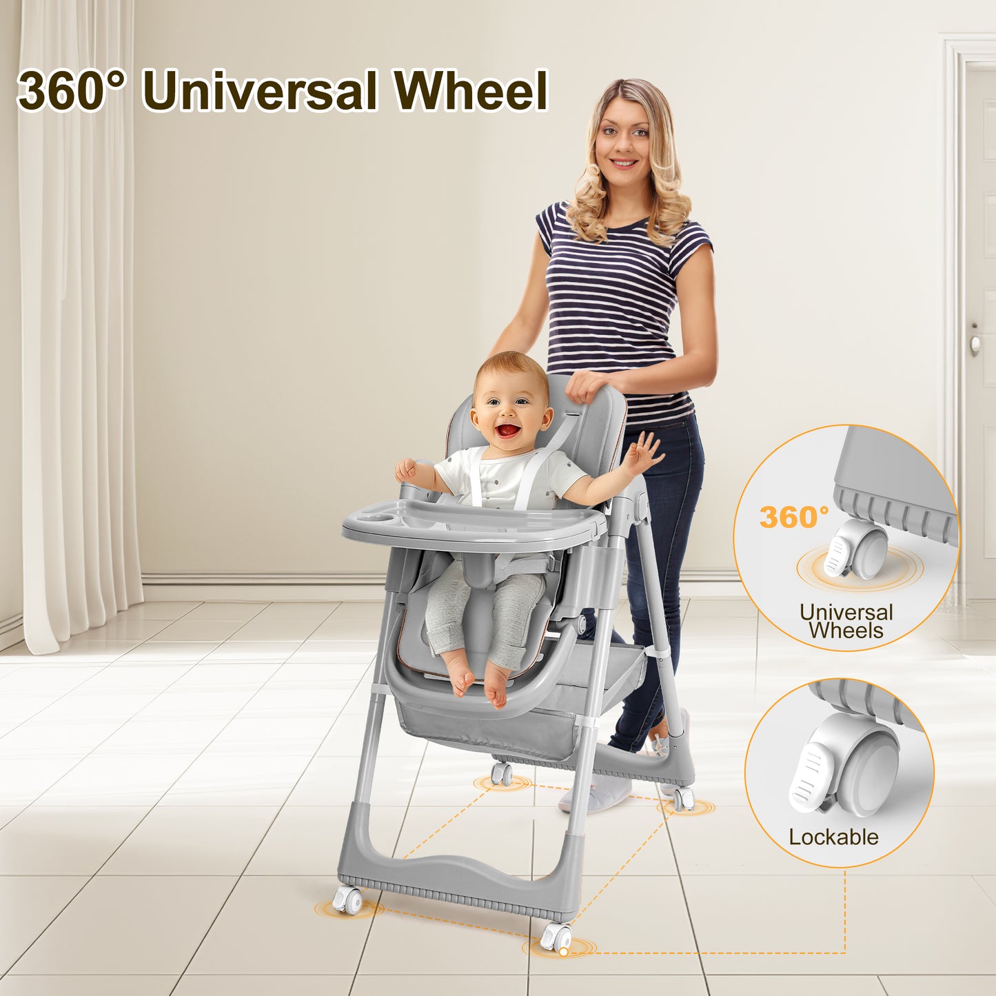 Minikid Foldable High Chair for Baby,3-in-1 Portable Feeding Chair,Baby Seat with Wheels,8-Gear Seat Adjustment,2 Removable Dining Trays,Gray