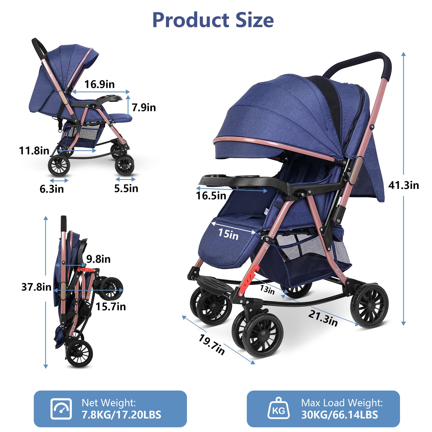 Minikid Lightweight Stroller,Folding Baby Stroller Convertible Into Rocking Chair,Removable Travel Stroller for Toddler,Adjustable Canopy & Backrest,Oversize Basket,Two-Way Push,Blue