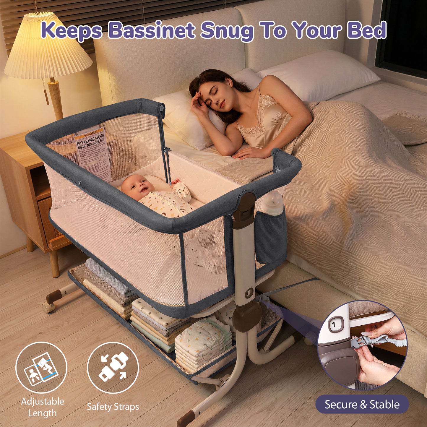 Minikid 3-in-1 Baby Bassinet Bedside Sleeper, 6 Height Adjustments, Full Mesh Breathable, Portable Newborn Baby Crib with Storage Basket,Dark Gray