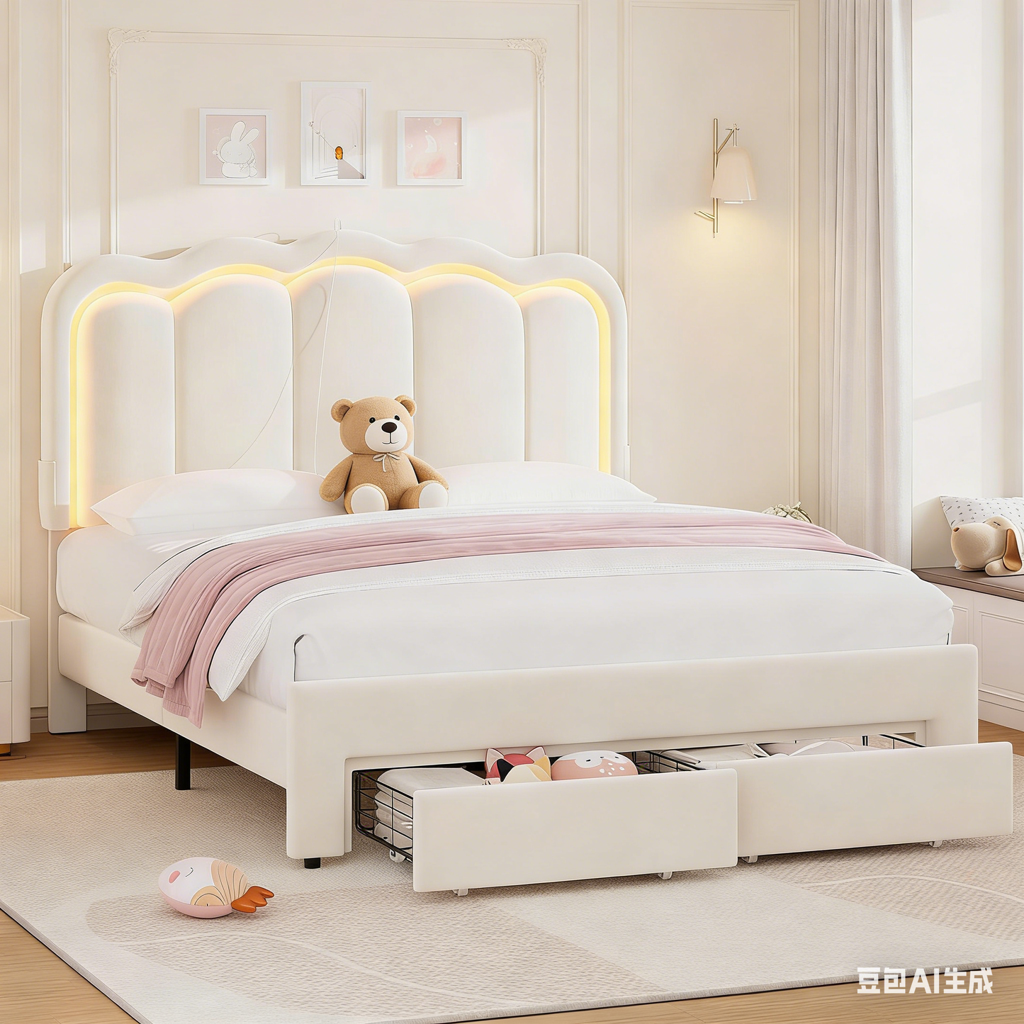 Hijob Beige Velvet Upholstered Platform Full Size LED Bed Frame with Drawer Adjustable Lighted Headboard for Girls Kid's Bedroom