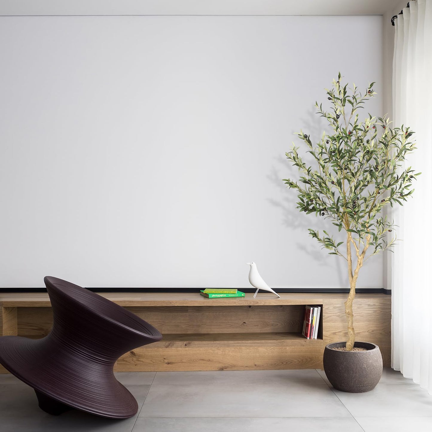Artificial Olive Tree, Fake Potted Tree with Natural Wood Trunk and Lifelike Fruits for Home Office Decor