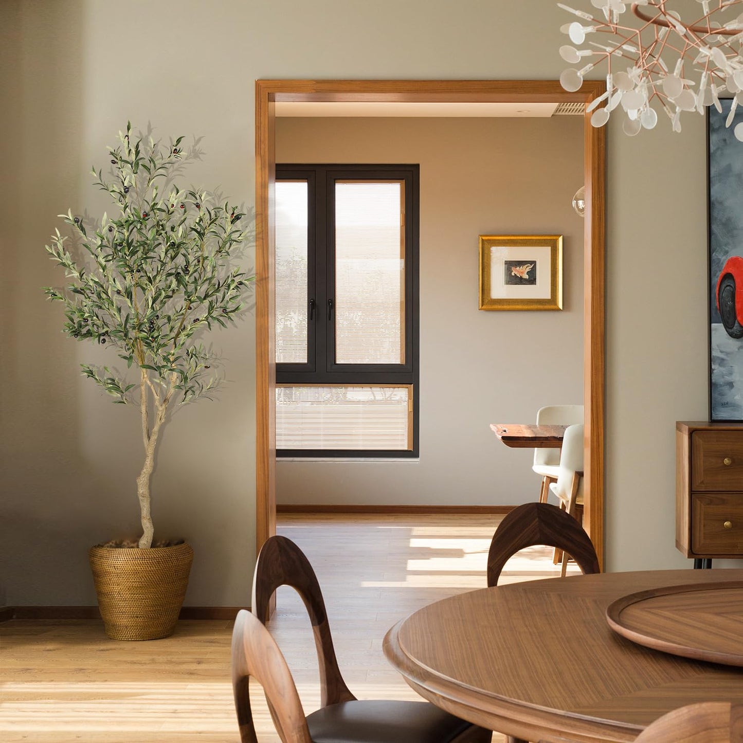 Artificial Olive Tree, Fake Potted Tree with Natural Wood Trunk and Lifelike Fruits for Home Office Decor