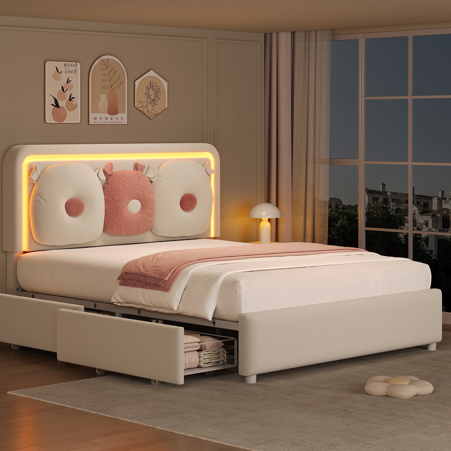 Anyact Queen Size Bed Frame with 2 Storage Drawers, Removable Pillow, LED Light Platform Bed with Teddy Velvet Headboard, Beige