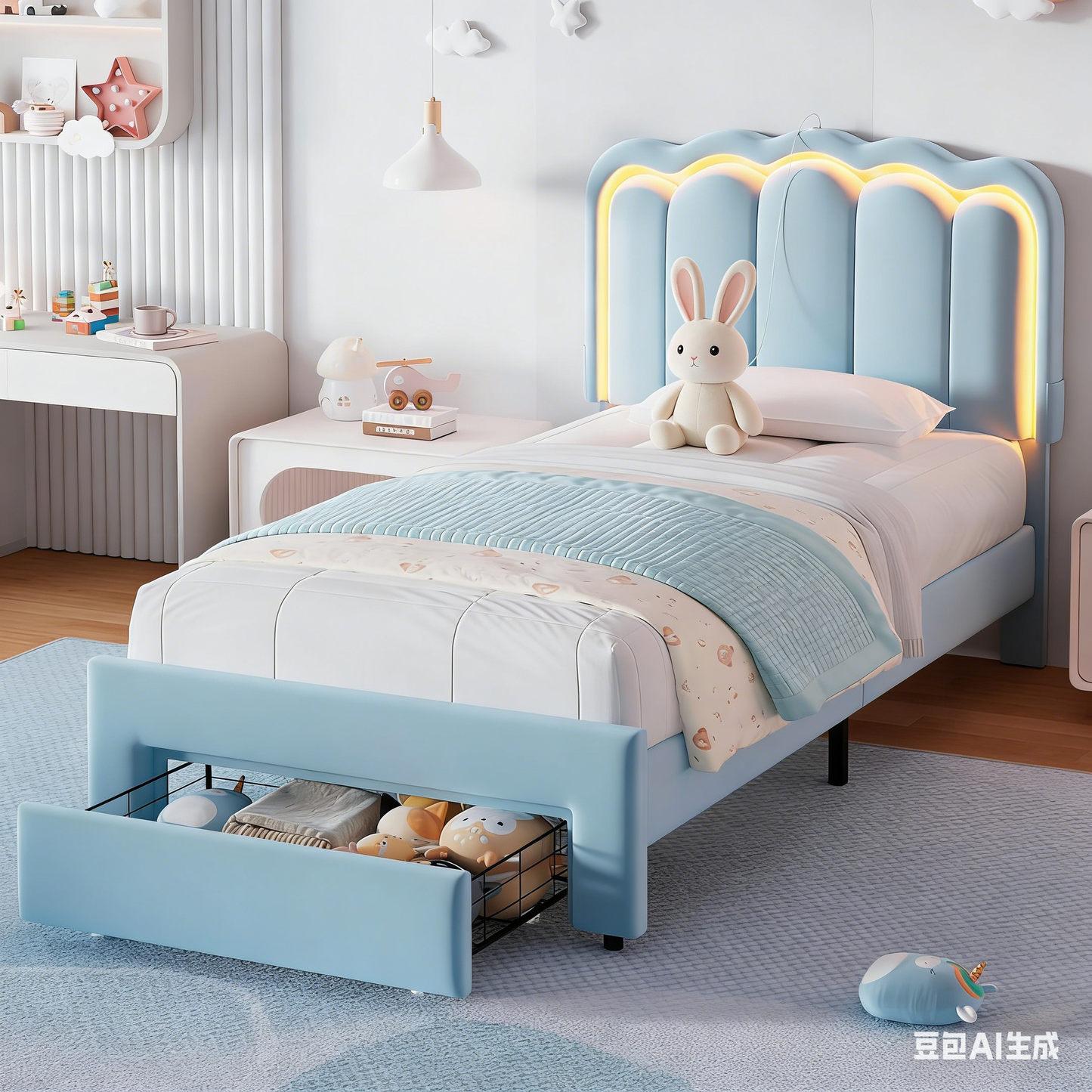 Hijob Blue Velvet Upholstered Platform Twin Size LED Bed Frame with Drawer Adjustable Lighted Headboard for Girls Kid's Bedroom
