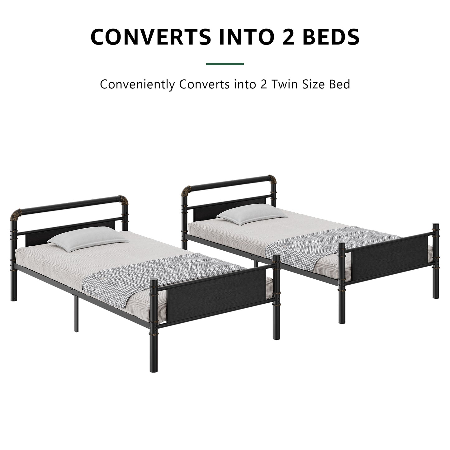 Anyact Metal Twin over Twin Bunk Bed with Storage Bag, 2 Convertible Twin Beds Loft bed, Black Brown