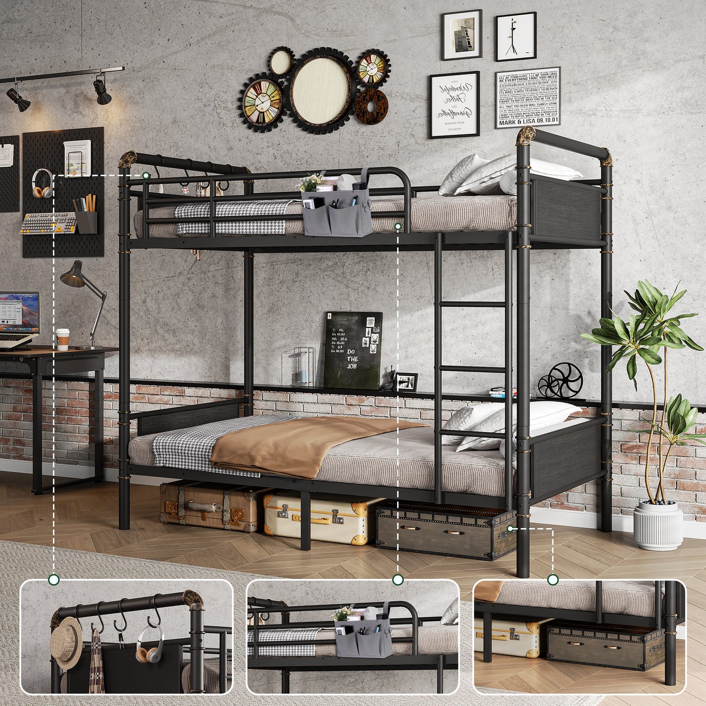 Hijob Metal Twin over Twin Bunk Bed with Storage Bag, 2 Convertible Twin Beds Loft bed and Steel Bed for School, Bedroom, Black Brown