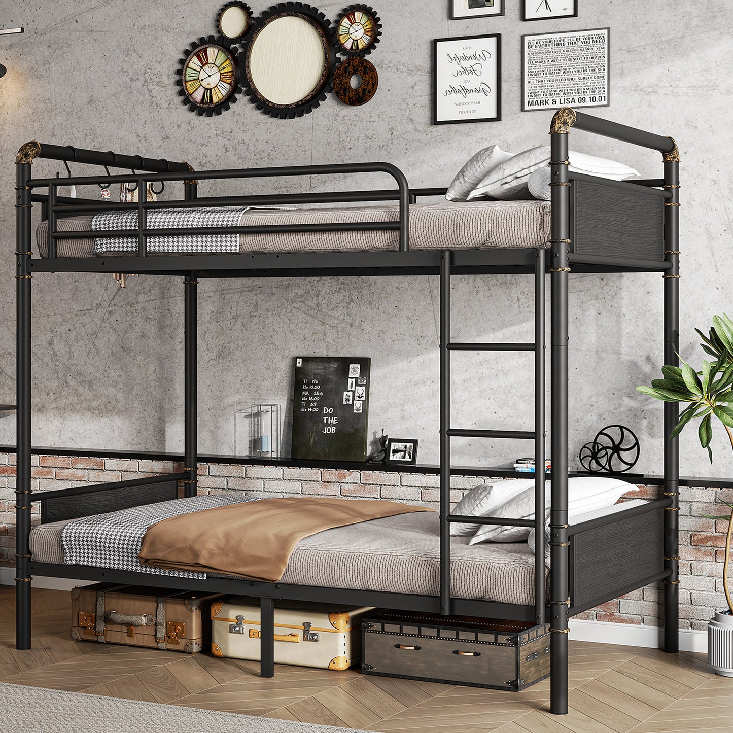 Hijob Metal Twin over Twin Bunk Bed with Storage Bag, 2 Convertible Twin Beds Loft bed and Steel Bed for School, Bedroom, Black Brown