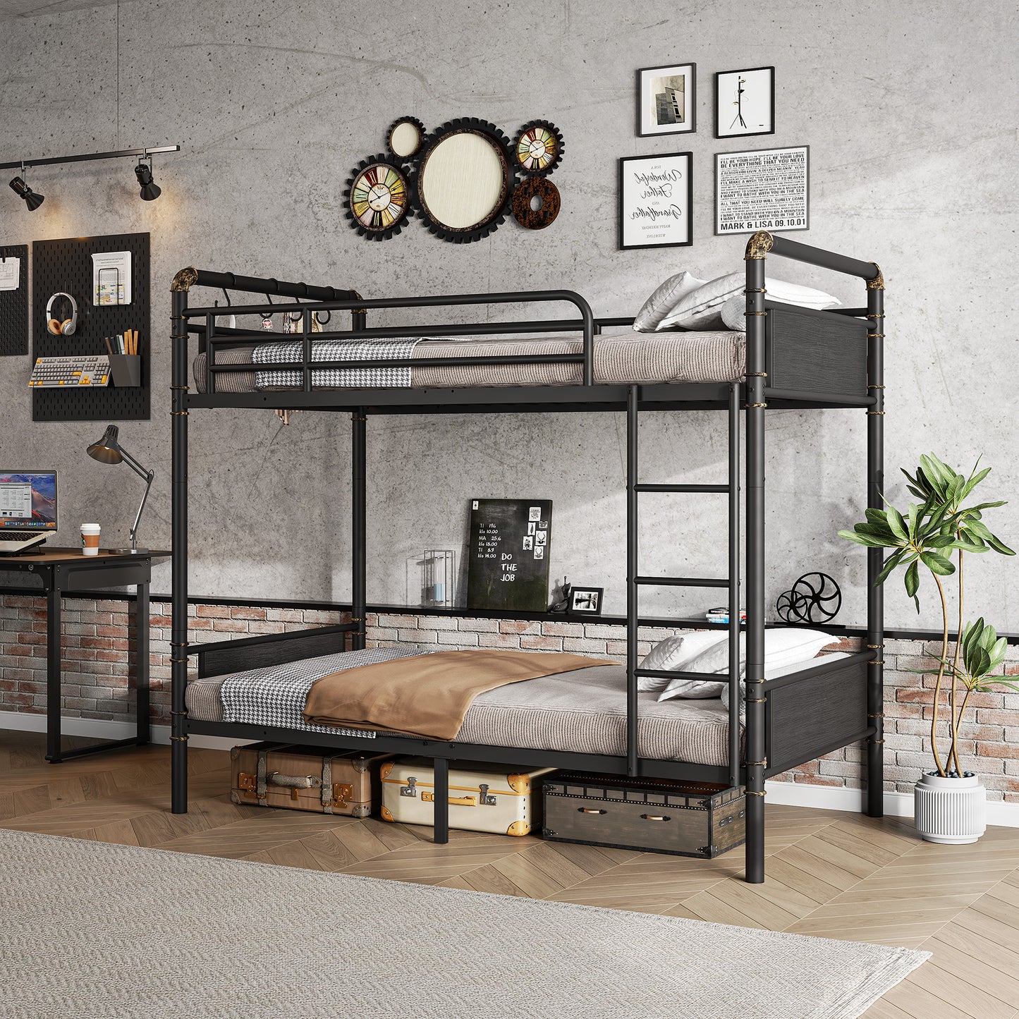 Hijob Metal Twin over Twin Bunk Bed with Storage Bag, 2 Convertible Twin Beds Loft bed and Steel Bed for School, Bedroom, Black Brown