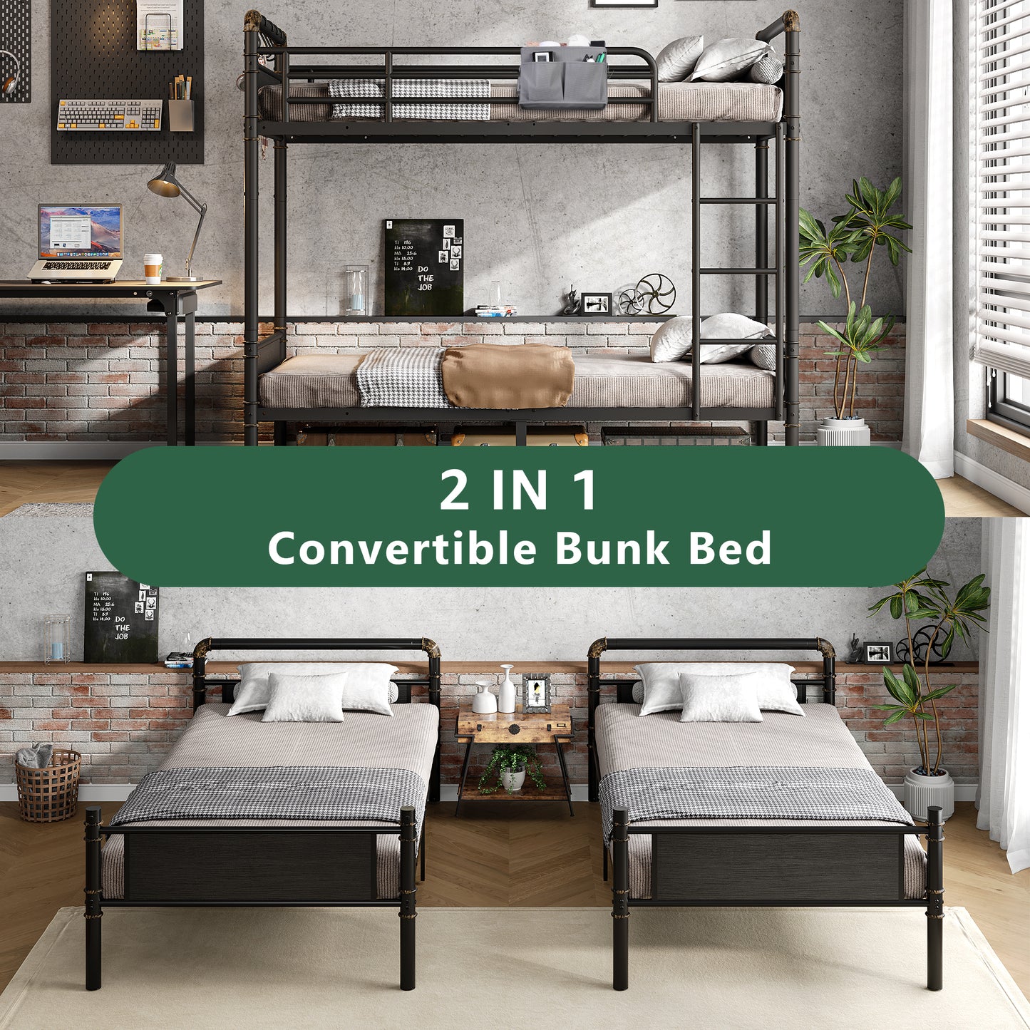 Hijob Metal Twin over Twin Bunk Bed with Storage Bag, 2 Convertible Twin Beds Loft bed and Steel Bed for School, Bedroom, Black Brown