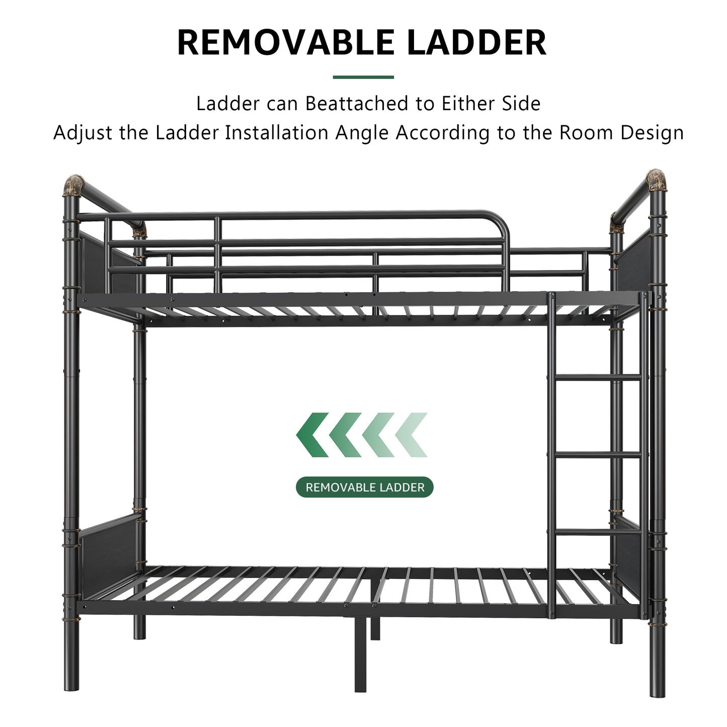 Hijob Metal Twin over Twin Bunk Bed with Storage Bag, 2 Convertible Twin Beds Loft bed and Steel Bed for School, Bedroom, Black Brown