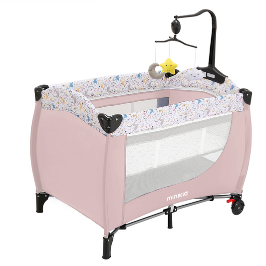 Minikid Baby Playard with Bassinet,Unisex Playpen Include Music Box and Hanging Toys,Portable Crib for Newborn to Toddlers,Pink