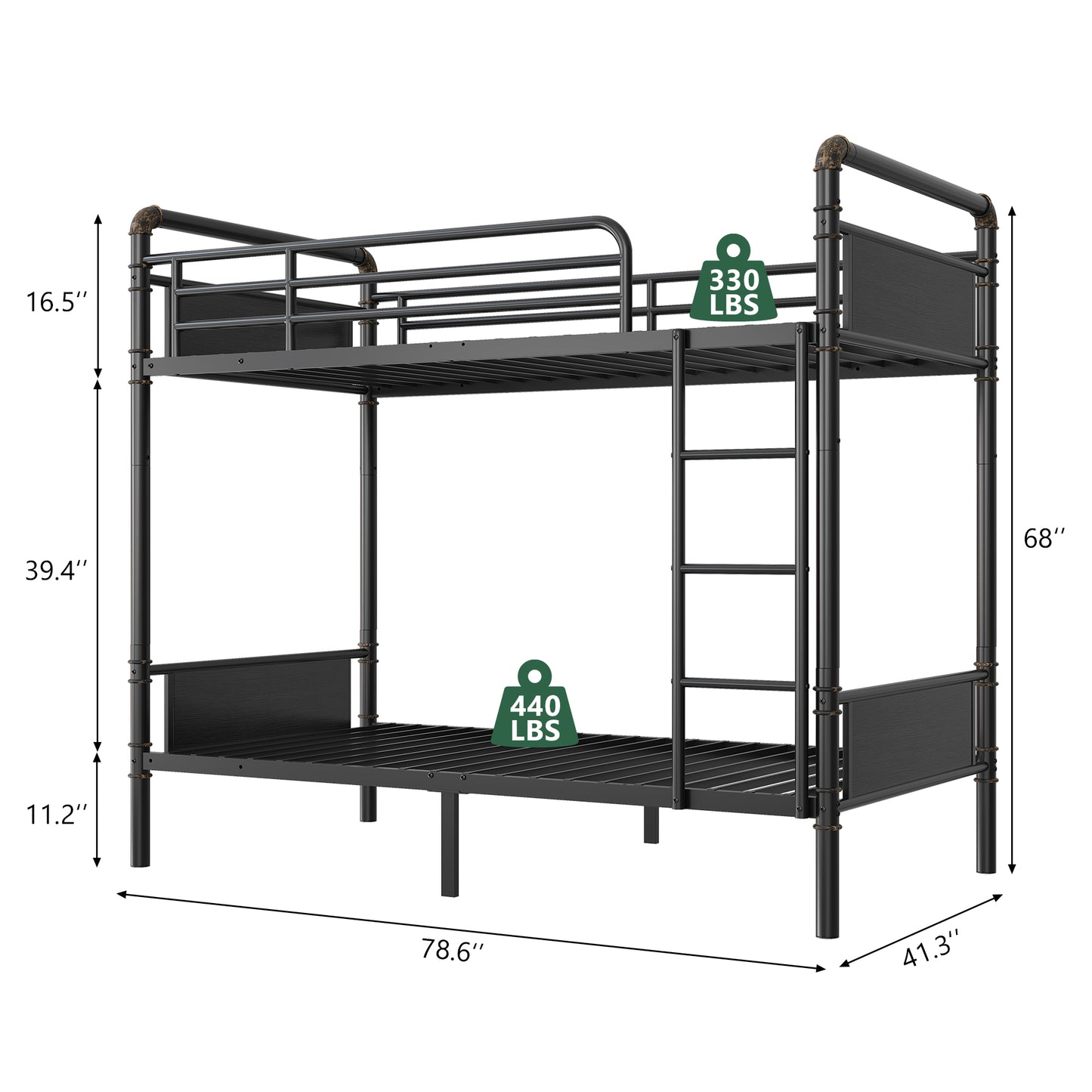 Hijob Metal Twin over Twin Bunk Bed with Storage Bag, 2 Convertible Twin Beds Loft bed and Steel Bed for School, Bedroom, Black Brown
