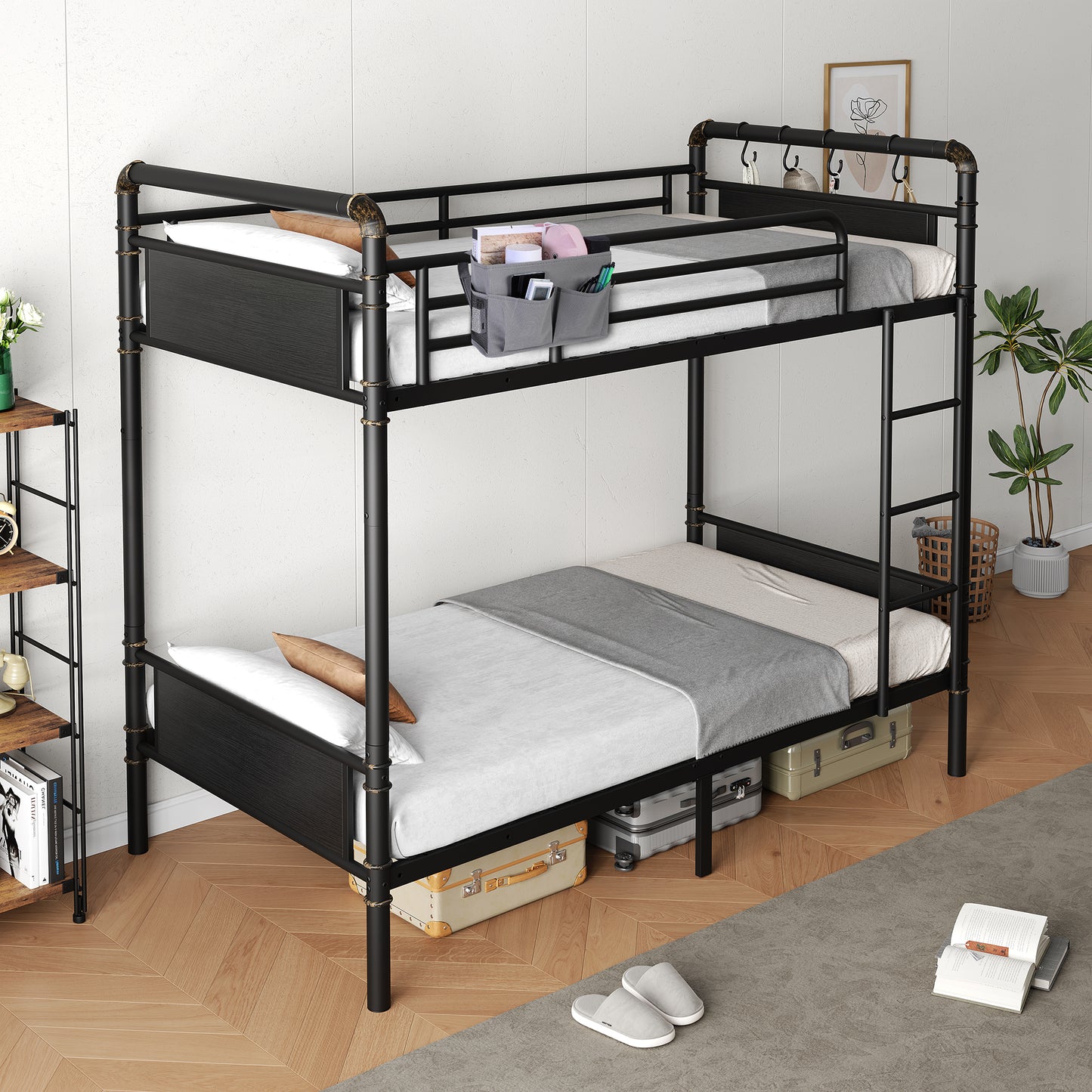 Anyact Metal Twin over Twin Bunk Bed with Storage Bag, 2 Convertible Twin Beds Loft bed, Black Brown