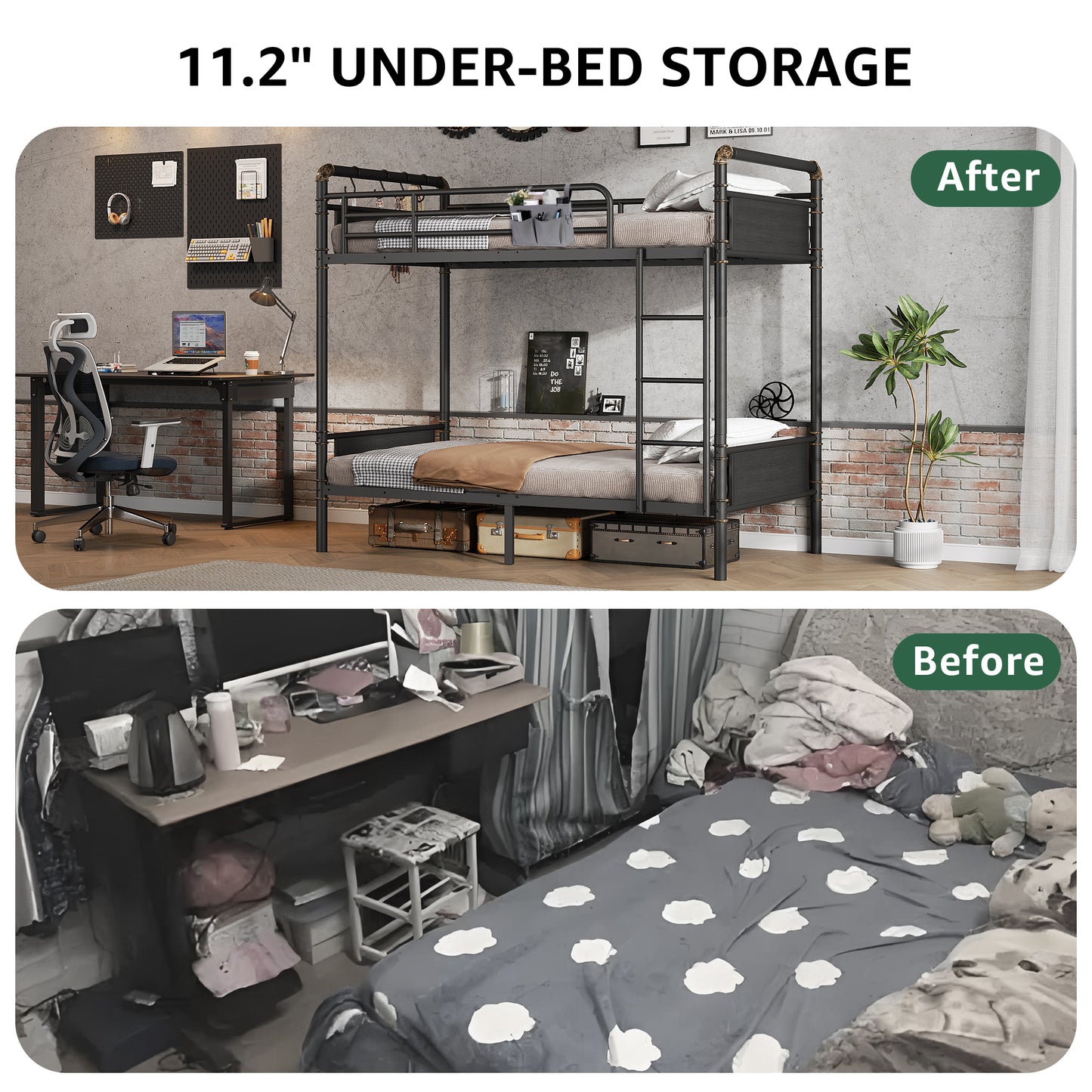 Anyact Metal Twin over Twin Bunk Bed with Storage Bag, 2 Convertible Twin Beds Loft bed, Black Brown