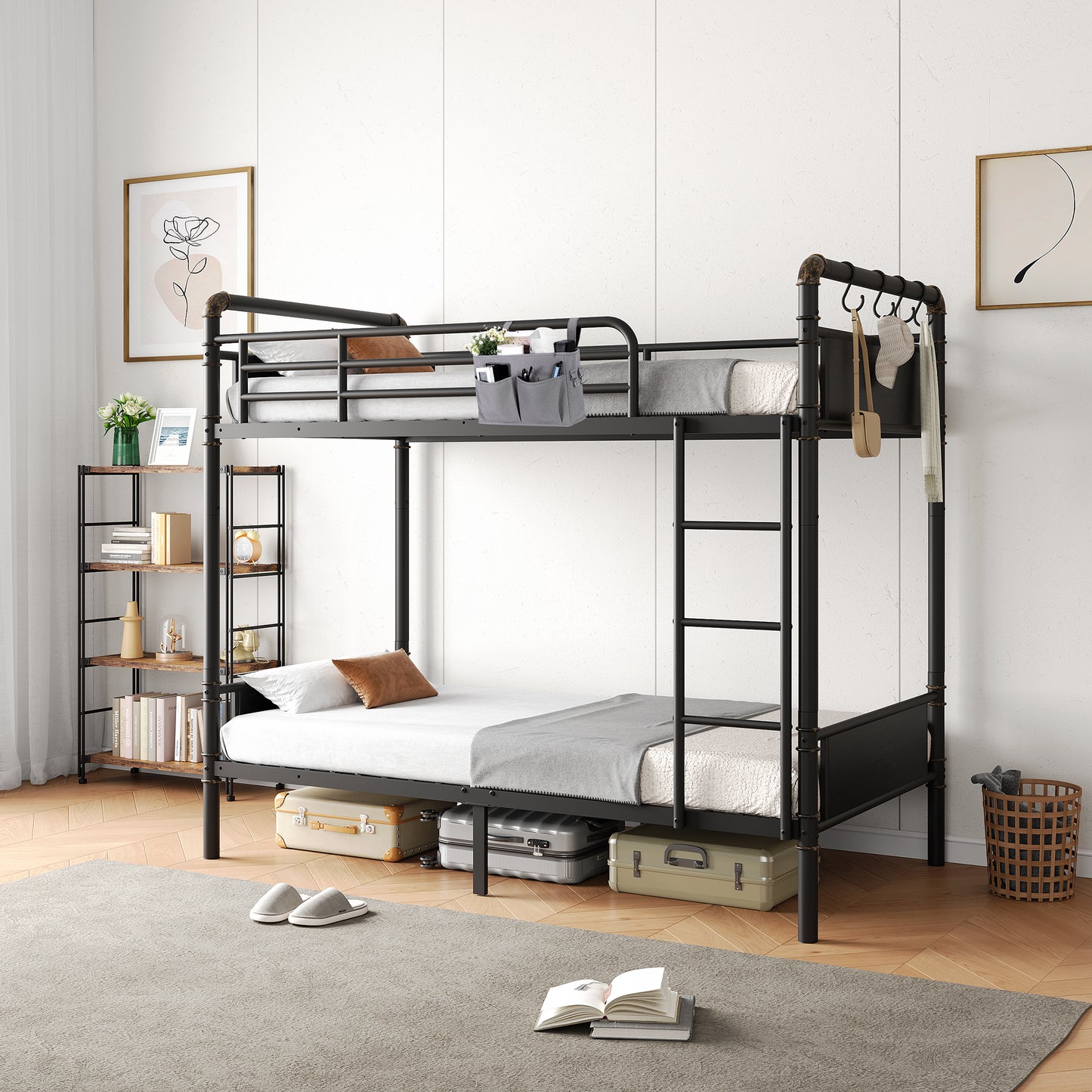 Anyact Metal Twin over Twin Bunk Bed with Storage Bag, 2 Convertible Twin Beds Loft bed, Black Brown