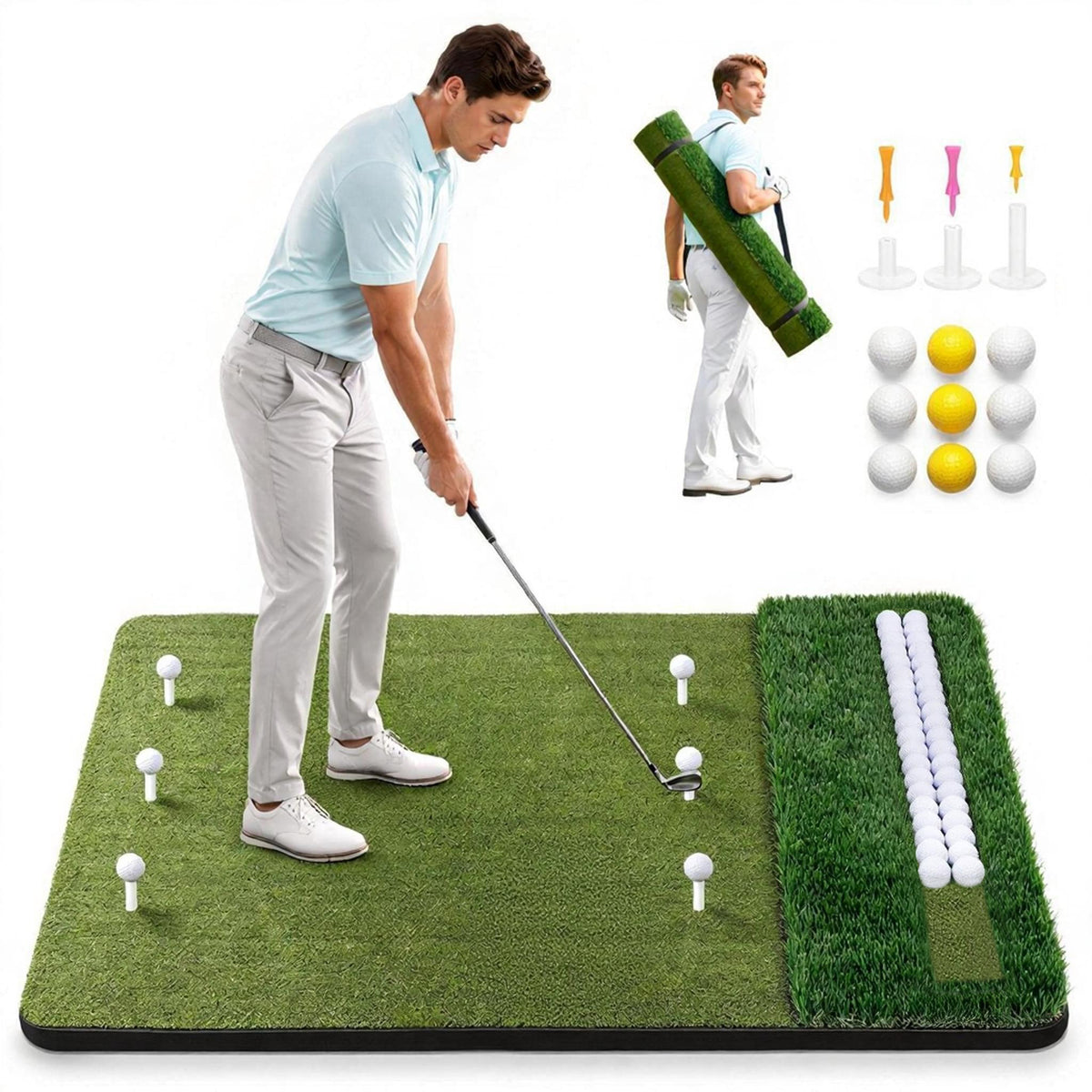 Vipuse 5*4FT Premium Golf Hitting Mat - Indoor/Outdoor Golf Practice Mat with Fairway & Rough Turf, Includes Golf Balls, Tees & strap, Perfect for Swing, Chipping & Driving Training for All Skil