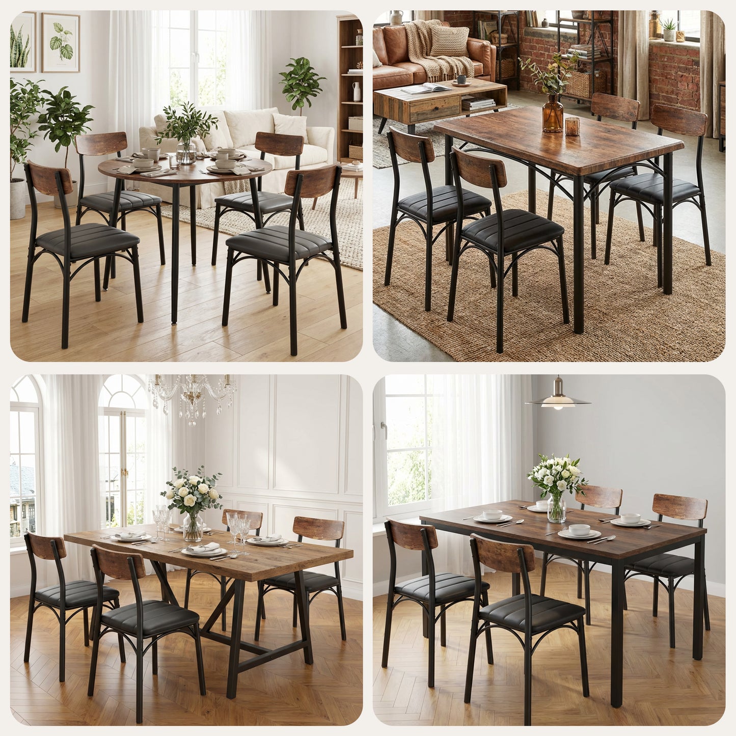 Hijob Dining Chair Set of 4, PU Leather Dining Room Chairs, Rustic Kitchen Armless Side Chair with Iron Legs, Black&Brown