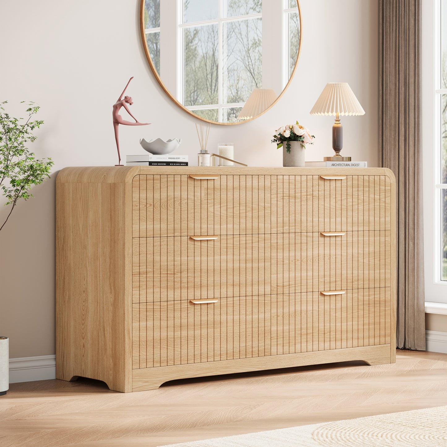 Hijob Modern 6 Drawers Dresser for Bedroom, 47.3" Long Dressers with Metal Handle w/Curved Profile Design, Wood Mid Century Vertical Dresser w/Natural Texture for Bedroom, Living Room, Natural Oak