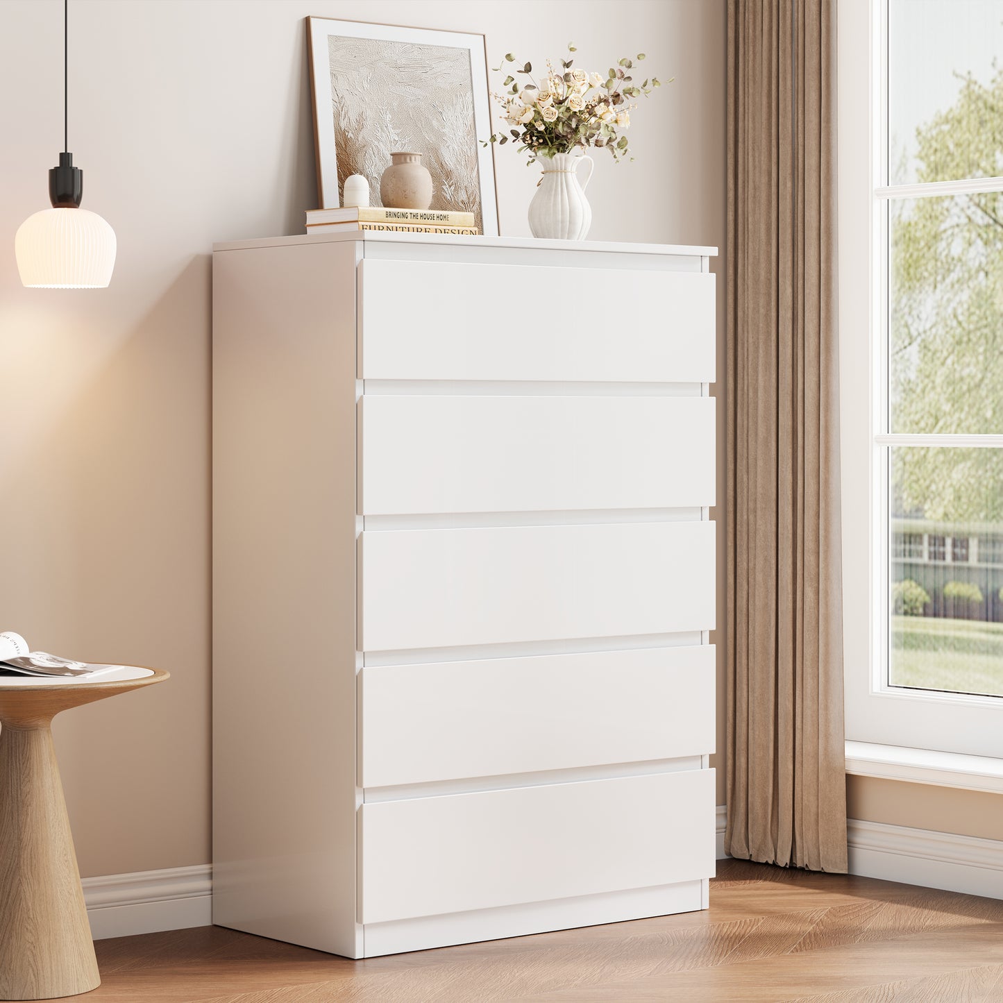 Hijob 5 Drawer Dresser, Modern Storage Cabinet for Bedroom, 40" Tall Chest Mid Century Vertical Dresser w/Natural Texture of Drawers for Living Room, Bed room, White
