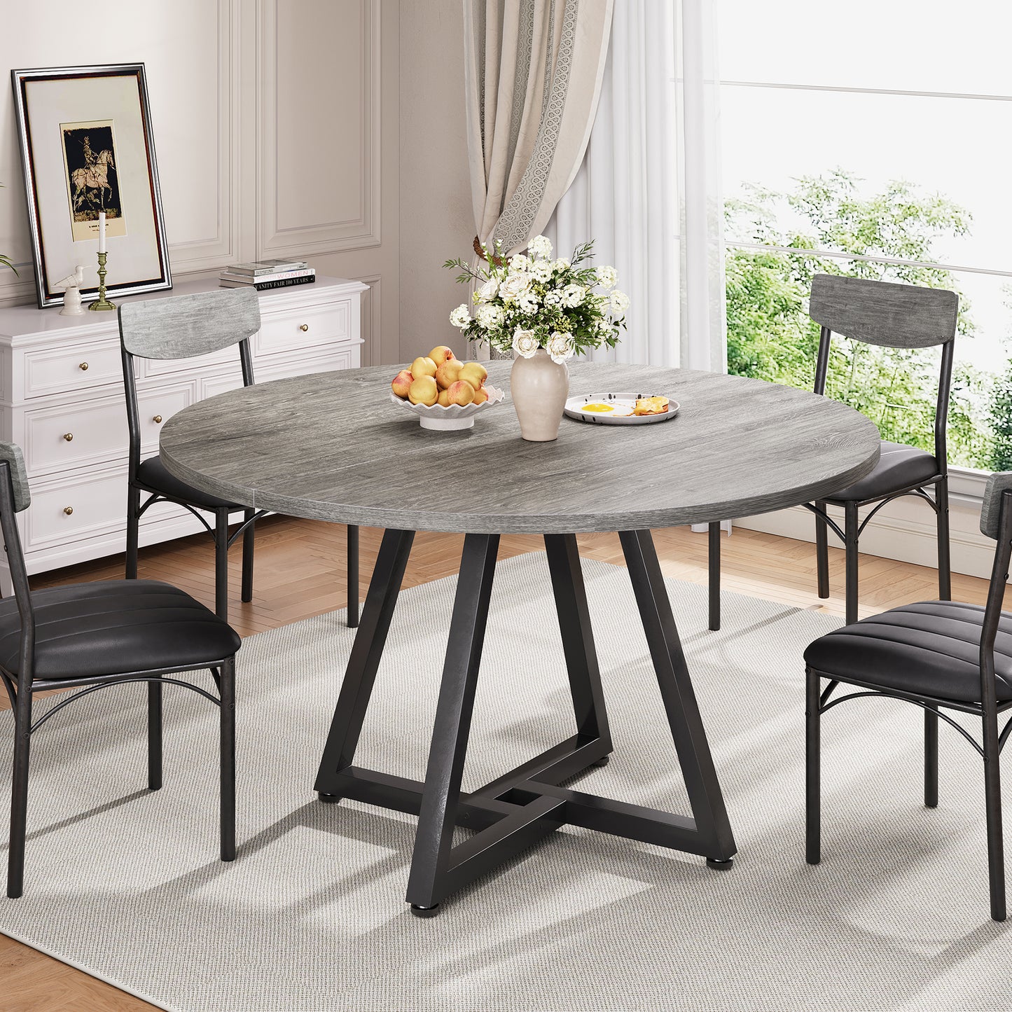 Hijob 47in Round Dining Table for 4, Kitchen Dining Room Circle Dinner Pedestal Table,Kitcen Table Sturdy Wood Kitchen & Dining Room Furniture, Gray(Only Table)