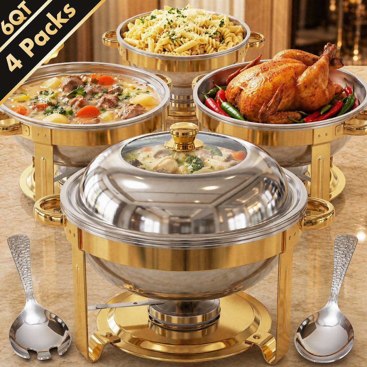 Vipuse Chafing Dishes for Buffet, 4 Pack 5QT Round Stainless Steel Chafing Dish Set for Home Parties, Christmas Gatherings, Catering Events Complete Buffet Warmer Set, Golden