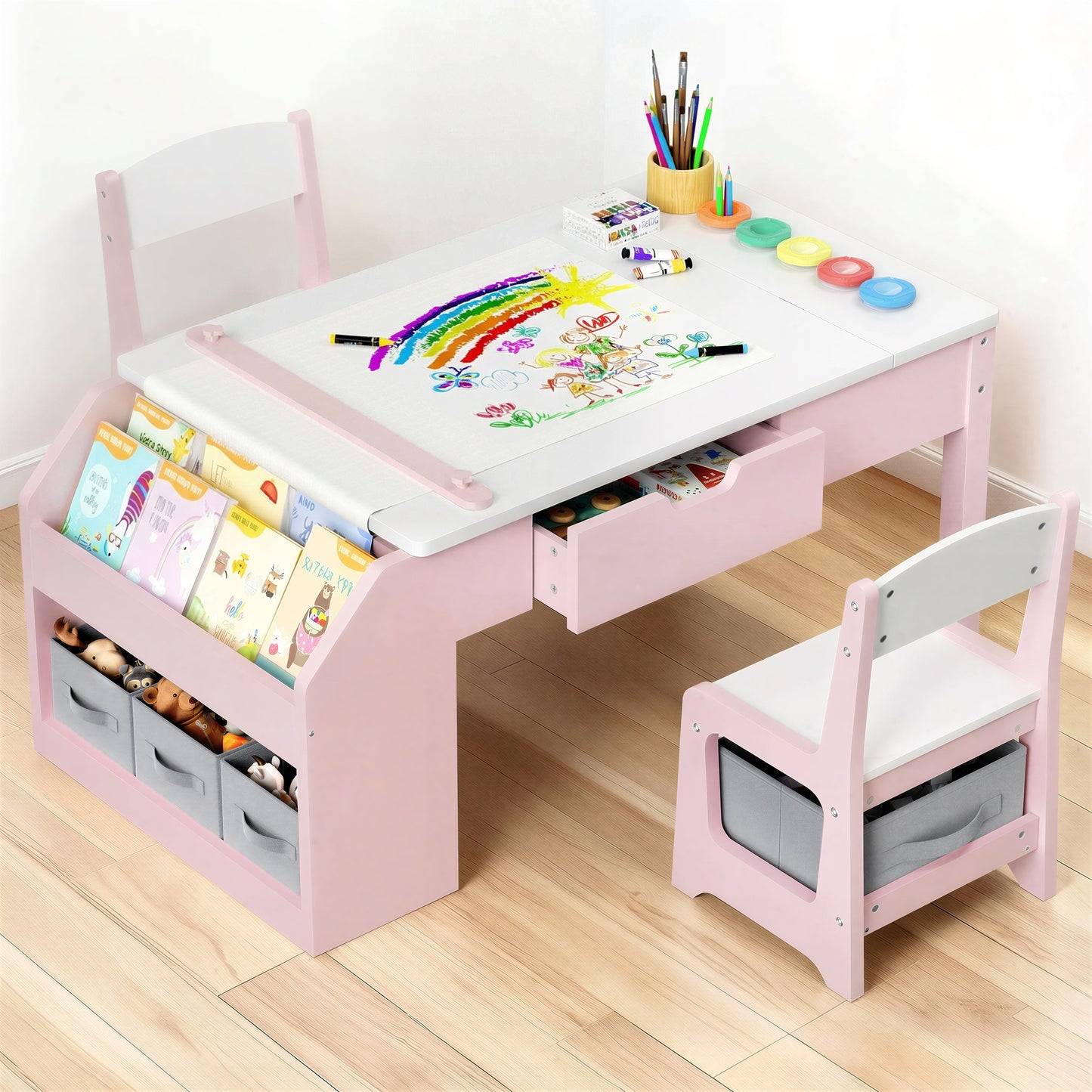Hijob 5-in-1 Kids Art Table & Chair Set – Convertible Easel with Paper Roll Holder, Storage Drawers & Foldable Craft Desk, Toddler Activity Learning Center for Playroom, Pink