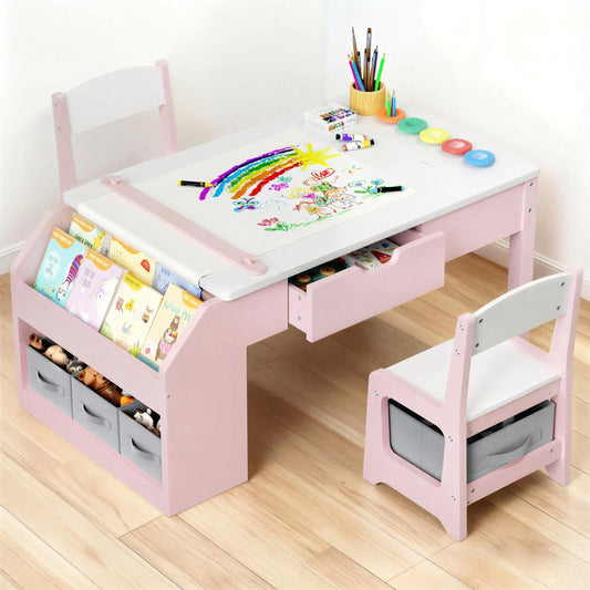 Hijob 5-in-1 Kids Art Table & Chair Set – Convertible Easel with Paper Roll Holder, Storage Drawers & Foldable Craft Desk, Toddler Activity Learning Center for Playroom, Pink