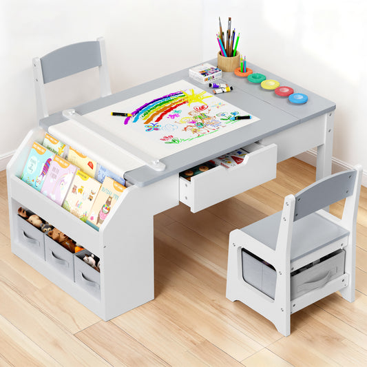 Anyact 5-in-1 Kids Art Table w/Easel, Toddler Craft Table & Chair Set for Drawing with Paper Roll Holder & Storage Drawers, Child Activity Table, Gray