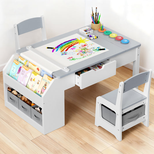 Hijob 5-in-1 Kids Art Table & Chair Set – Convertible Easel with Paper Roll Holder, Storage Drawers & Foldable Craft Desk, Toddler Activity Learning Center for Playroom, Gray