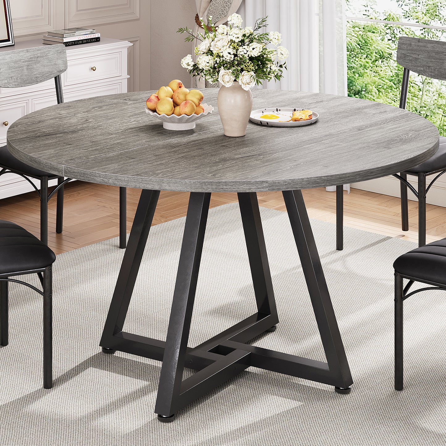 Hijob 42in Round Dining Table for 4, Kitchen Dining Room Circle Dinner Pedestal Table,Kitcen Table Sturdy Wood Kitchen & Dining Room Furniture, Gray(Only table)
