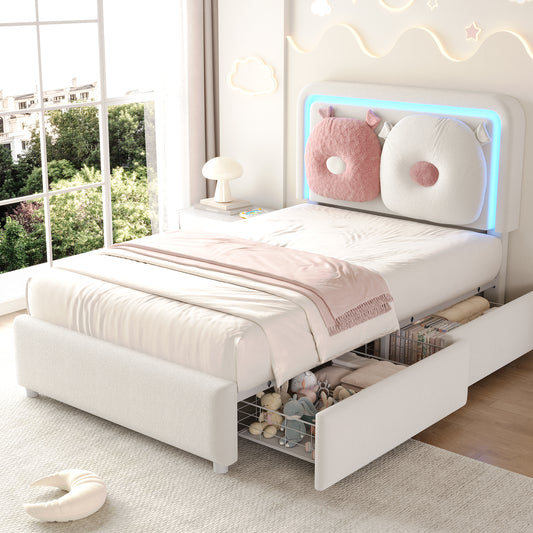 Anyact Twin Size Boucle Upholstered LED Bed Frame with Storage Drawer, Height Adjustable Headboard, Removable Pillow for Bedroom, Beige/Pink