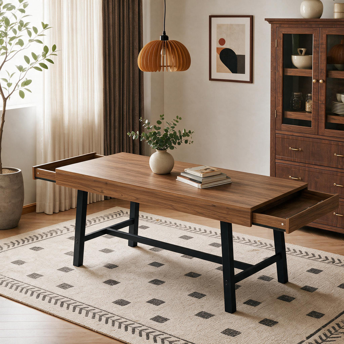 HiJob 71" Dining Table for 6-8 People with 2 Storage Drawers, 3.94" Thickened Tabletop, Modern Farmhouse Rectangular Wood Kitchen Table, Walnut Finish