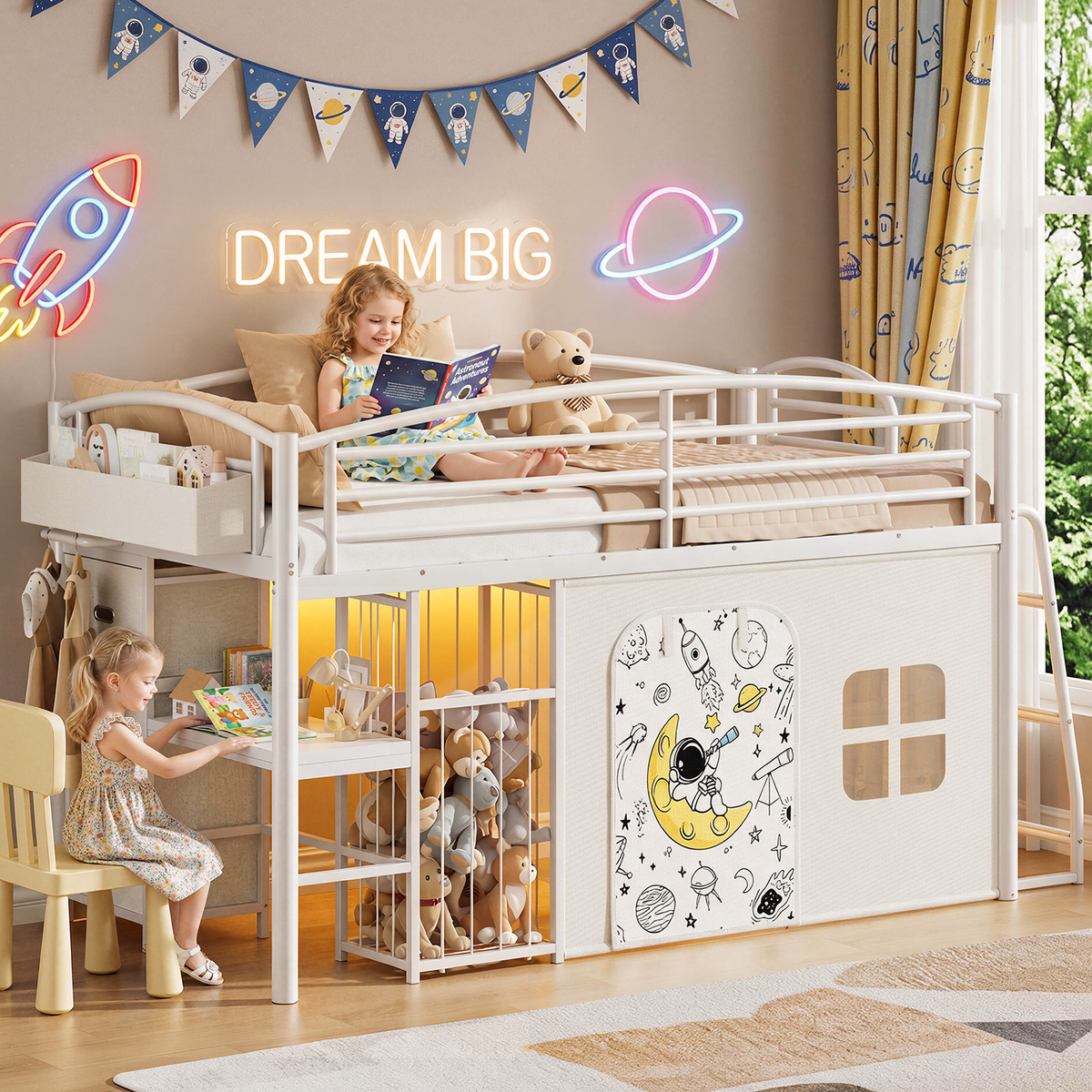 Hijob Low Loft Bed Twin Size with 5 Storage Drawers, Desk, LED Lights & Cozy Privacy Curtain – Sturdy Metal Frame, 13.8" Safety Guardrail, White