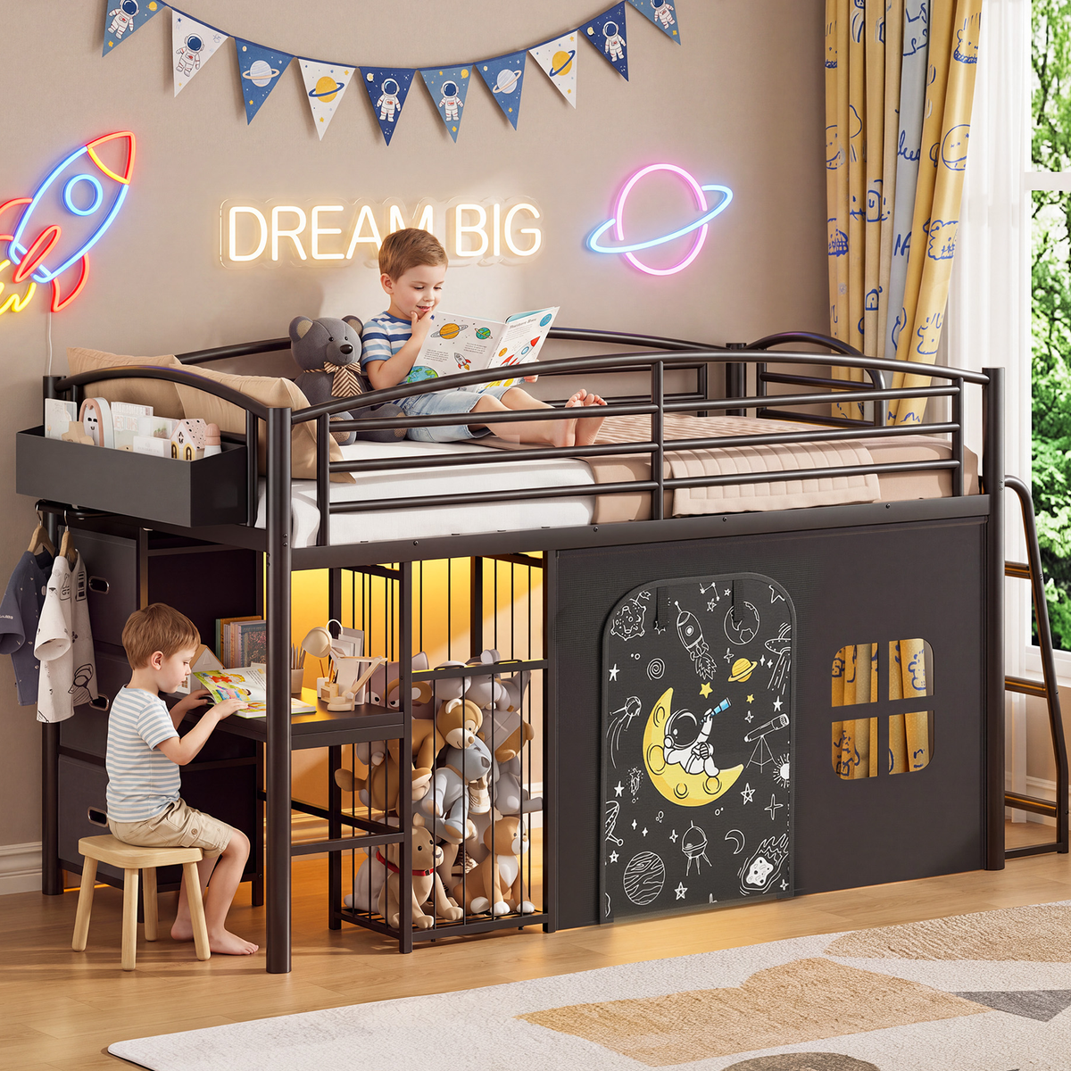 Hijob Twin Low Loft Bed with 5 Storage Drawers, Desk, LED Lights & Cozy Privacy Curtain – Sturdy Metal Frame, 13.8" Safety Guardrail, Black