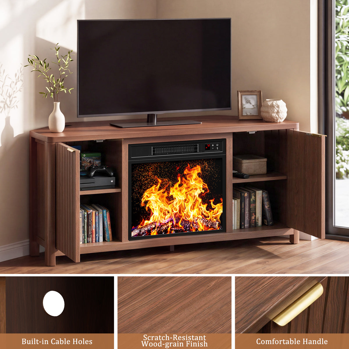 HiJob Electric Fireplace TV Stand with 18" Fireplace for 65" TVs, Holds up to 330 lbs, Corner Fireplace Entertainment Center with Charging Station, Walnut