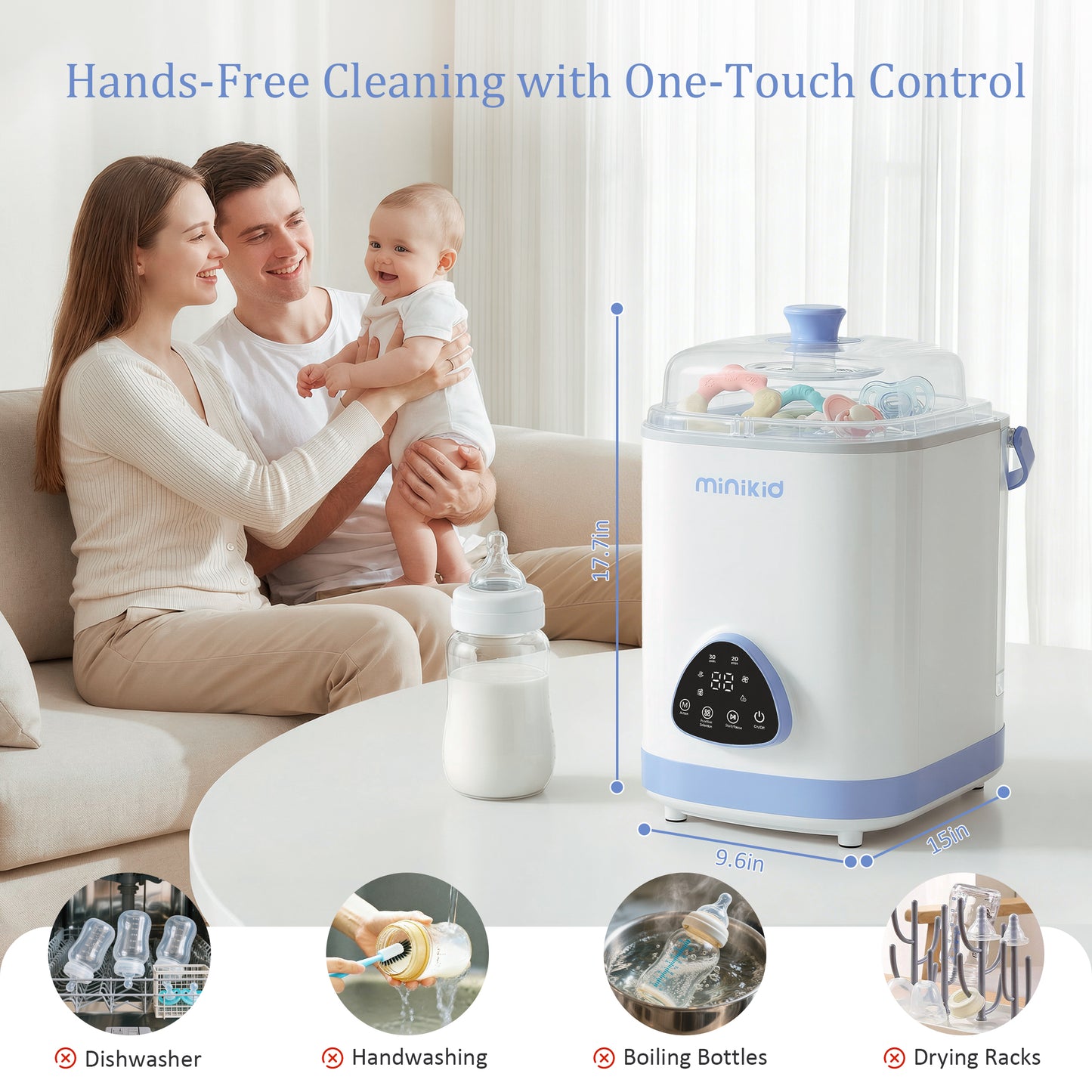 Minikid Baby Bottle Washer, Sterilizer & Dryer, All-in-One Cleaning Machine for Bottles, Pump Parts & Baby Essentials, Includes 30 Detergent Tablets