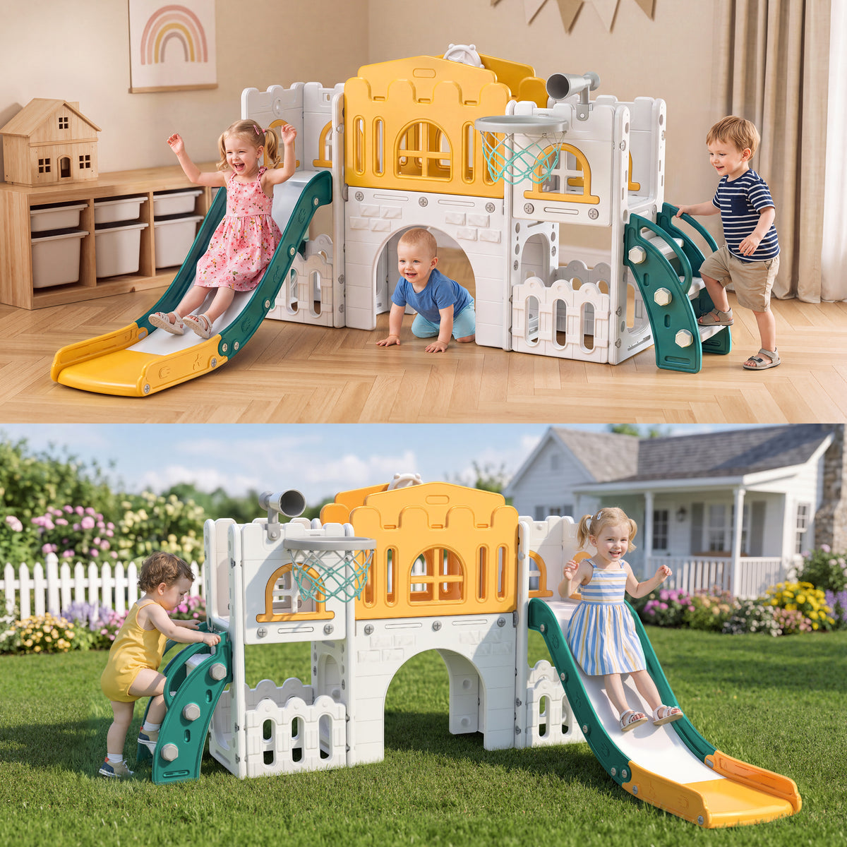 Vipuse 9 in 1 Toddler Slide Playset for Kids Indoor/Outdoor for Toddlers Age 1+, Yellow & Green